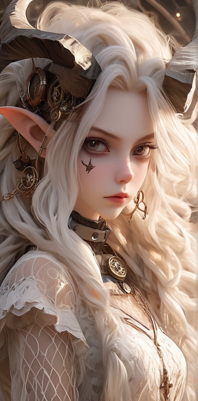 1 girl, (masterful), albino demon girl with lethargic sleepy smokey eyes,(white dreadlocks hair),((horizontal elongated pupils)),mesh fishnet blouse, (long intricate horns:1.2) ,
best quality, highest quality, extremely detailed CG unity 8k wallpaper, detailed and intricate, 
,steampunk style,Glass Elements