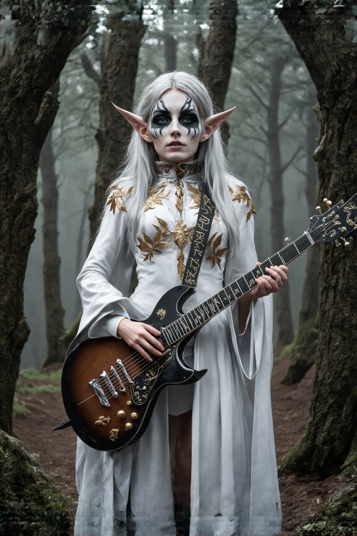 striking female elf,elf ear, stands center stage, embodying both ethereal beauty and dark majesty. She wears an ornate priestly robe in white and gold, its intricate embroidery depicting ancient elven runes and celestial symbols. The robe's high collar frames her face, accentuating her sharp elven features. Her face is adorned with elaborate corpse paint, stark white with black designs that highlight her otherworldly beauty and fierce expression. Long, silver hair cascades down her back, adorned with delicate golden leaves. In her hands, she wields a jagged electric guitar, its body crafted by master elven artisans. The guitar gleams with a dark, metallic sheen and is adorned with intricate carvings of mythical beasts. She stands on a misty forest stage, ancient trees looming in the background.