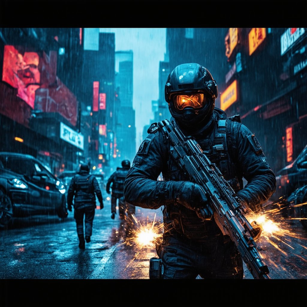 Hyper-realistic FPS game screenshot, body cam-style POV. Gritty cyberpunk cityscape - neon signs, holographic ads, rain-slicked streets. Armed enemies in high-tech gear taking cover behind futuristic vehicles. Weapon visible at bottom of frame, holographic HUD overlay. Muzzle flashes, bullet impacts. Slight camera shake for realism. Steam rising from vents. Lens flares from neon. Grime and scratches on camera lens. Intense, immersive atmosphere