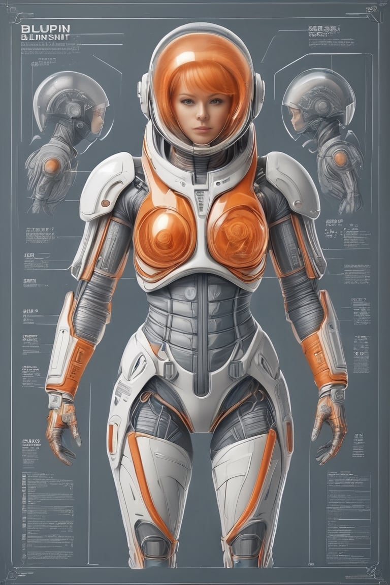 blueprint,Anatomical Illustration style,character designs that show various forms,high-tech space suit, in the style of hyper-realistic sci-fi, light gray and orange, technological design, feminine body,