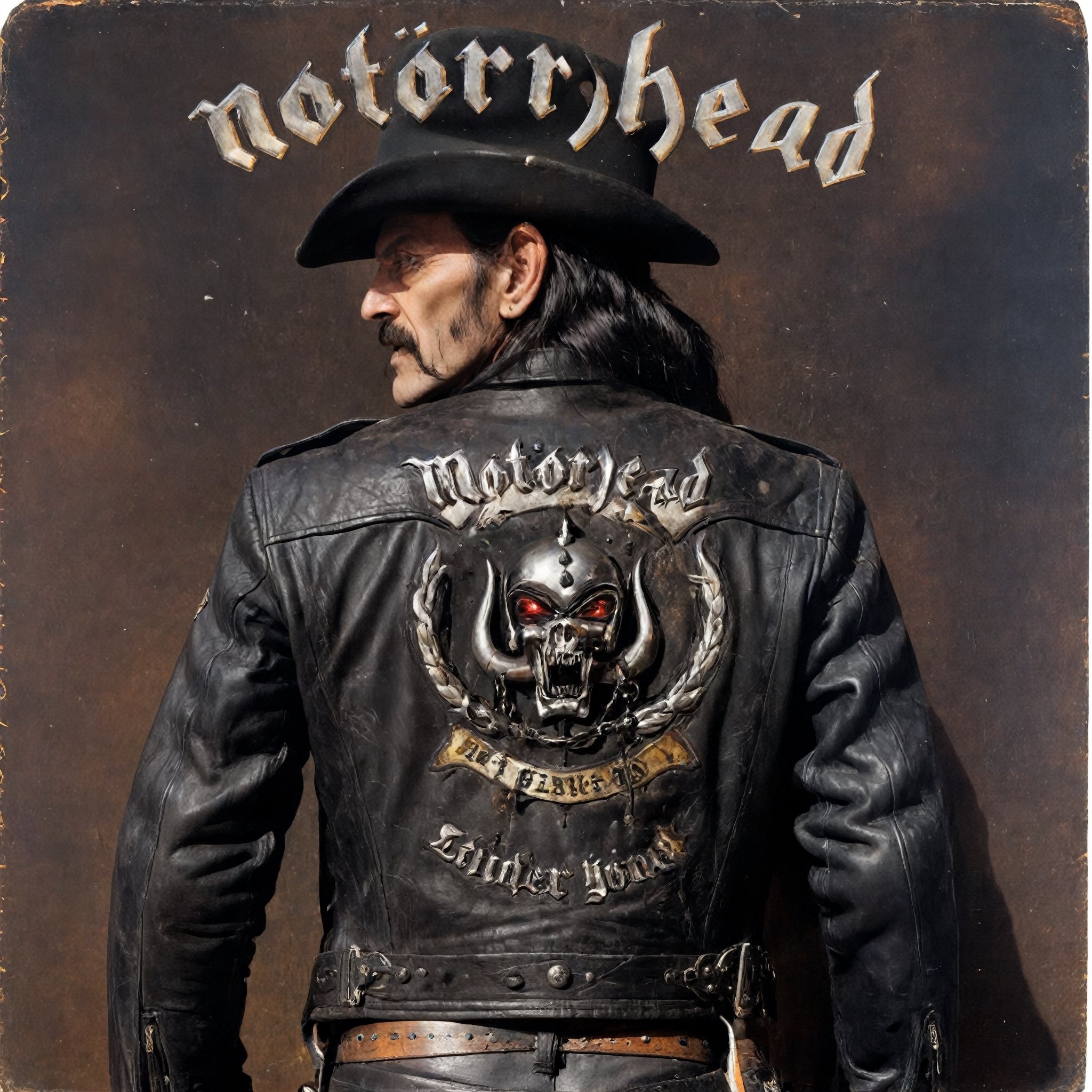 Album Cover Art  close up cyberpunk style, motörhead_cover, record cover,Album Cover Art, often for music albums, band branding, or iconic cover design
Lemmy Kilmister,black western hat,(holding whiskey bottle), anti union flag design, dirty torn studded leather jacket,military Style jacket,dirty black leather pants, dirty long torn leather boots,stained clothes, dirty torn leather jacket,photo r3al,mot枚rhead_cover,chibi,rat_rod