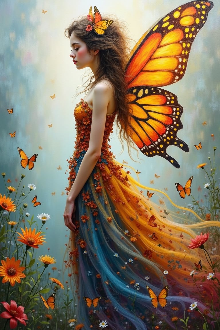 Acrylic painting of a fairy princess wearing a dress inspired by butterflies. Delicate, ethereal female figure with flowing hair and butterfly-like wings. Dress composed of vibrant butterfly patterns, colors, and textures. Painterly, textured style with visible brushstrokes and dripping paint effects. Soft, dreamy lighting illuminating the scene. Background has a hazy, atmospheric quality with hints of other fantastical elements. Splashes of color bleed and blend across the canvas. Intricate details in the fairy's features and ornate dress. Whimsical, imaginative, and visually striking.