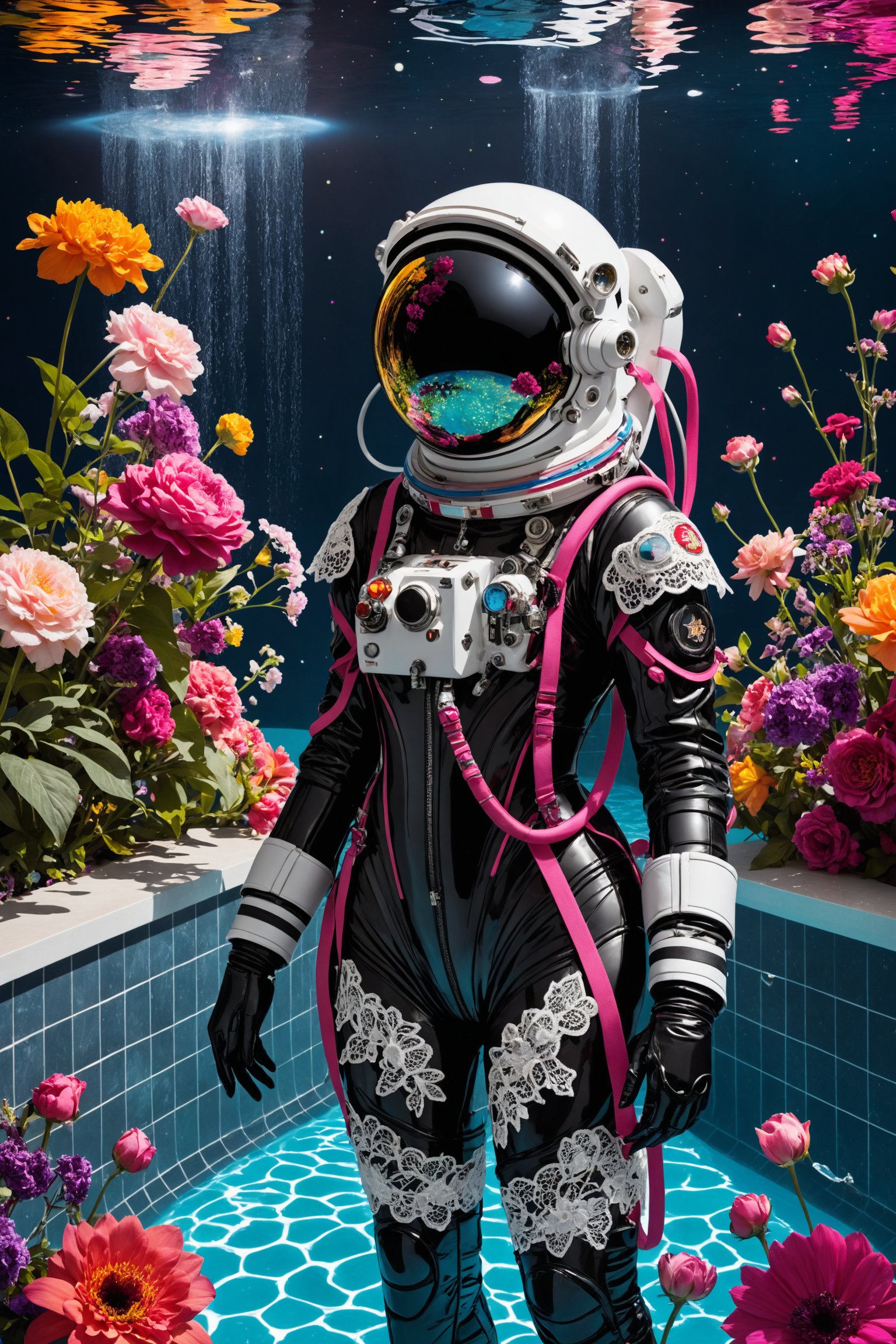  gothic lolita-inspired space suit, crafted from sleek, dark materials adorned with intricate lace and ribbon details, floating gracefully in a pool overflowing with vibrant flowers. With its Victorian silhouette and futuristic accents, the suit creates a striking juxtaposition of elegance and surrealism, blending elements of the past and the future into a captivating tableau of whimsy and wonder.,astronaut_flowers