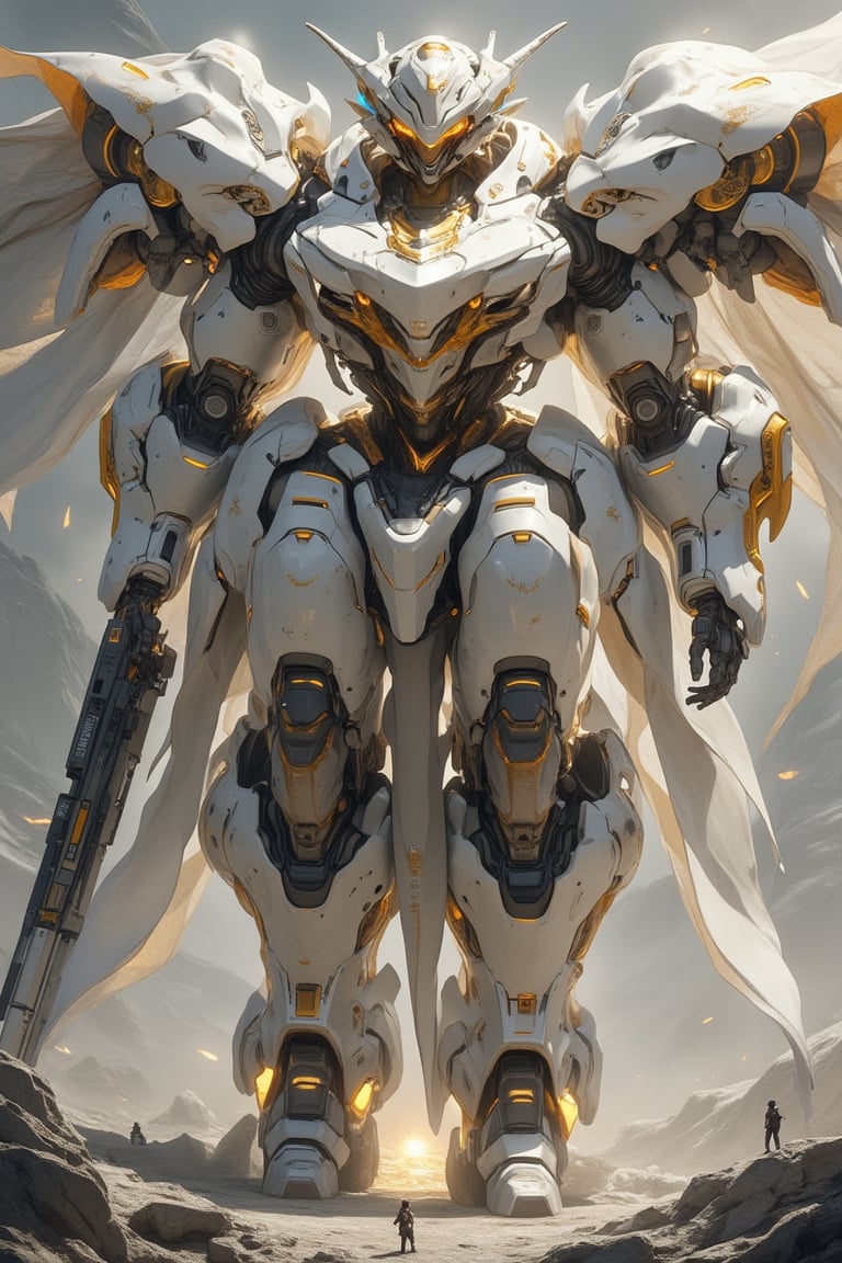 Colossal humanoid robot weapon, organic and exotic design. Predominantly white with gold accents. Flowing, curved armor plates resembling seashells or coral formations. Tall, elegant silhouette with elongated limbs. Golden filigree patterns etched into white surfaces. Multiple arms, some ending in energy weapons, others in delicate manipulators. Head features a crown-like structure with glowing blue sensors. Chest houses a pulsating golden energy core. Legs blend into a hovering base, suggesting levitation. Iridescent membrane-like wings or energy fields extend from back. Scale evident from tiny human figures near feet. Hyper-detailed textures, mix of smooth and intricate surfaces. Soft, ethereal lighting emphasizing curves and gold elements. Misty background suggesting alien world. 8K resolution, photorealistic render with slight concept art stylization.real robot,futurediff