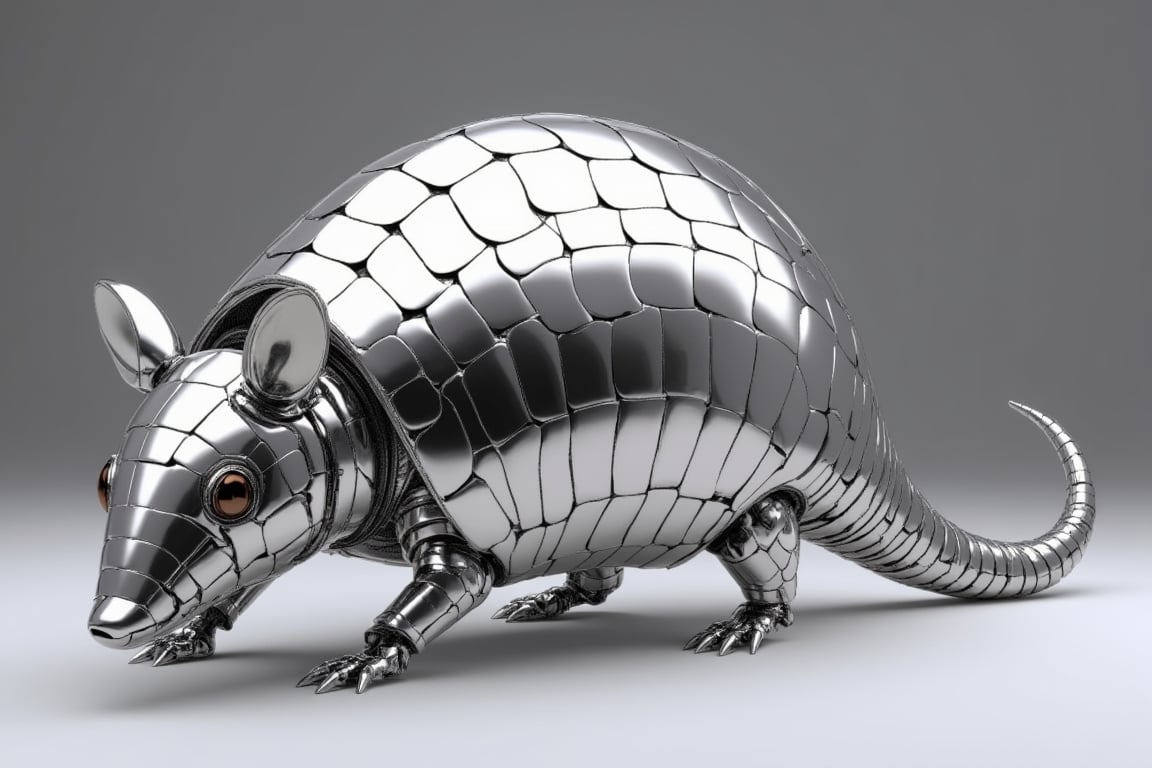 
"Hyper-realistic 3D render of an armadillo made entirely of mirror-polished metal. Sleek, reflective surface covering the entire body. Intricate details of armadillo anatomy preserved in the metallic structure.
Segmented armor plates clearly defined, each a perfect mirror. Curved surfaces creating distorted reflections of the environment. Tail coiled slightly, showcasing flexible metal segments.
Head features pointed snout and small, round ears, all in the same polished metal. Eyes represented by slightly darker, smoky glass orbs.
Legs and claws intricately crafted in jointed metal pieces, maintaining natural armadillo pose.
Lighting: studio setting with multiple light sources to maximize reflections and highlights. Soft box reflections visible on the creature's surface.
Background: gradient from light to dark grey, emphasizing the metallic subject.