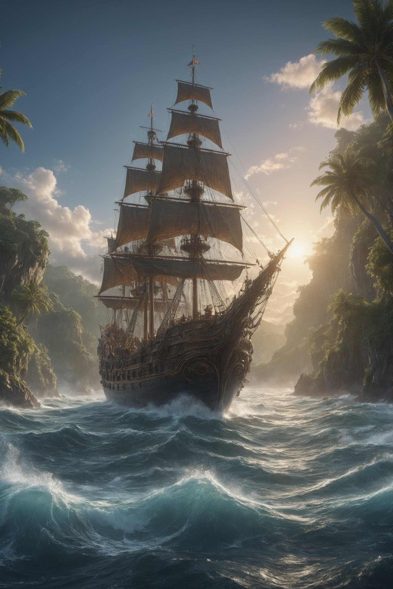 4k,intricate detail,wallpaper,colorful Light,(masterpiece:1.5),absurdres,high resolution,fantasy ship Focu,navy fleet,magnificent,feeling of grandeur,at dawn,sunshine,lovely weather,galleon ship,
,conquest of paradise,jungle,tahiti,hawaii,caribbean,tropical island,Renaissance Sci-Fi Fantasy,High Renaissance,galleon,3D Mesh