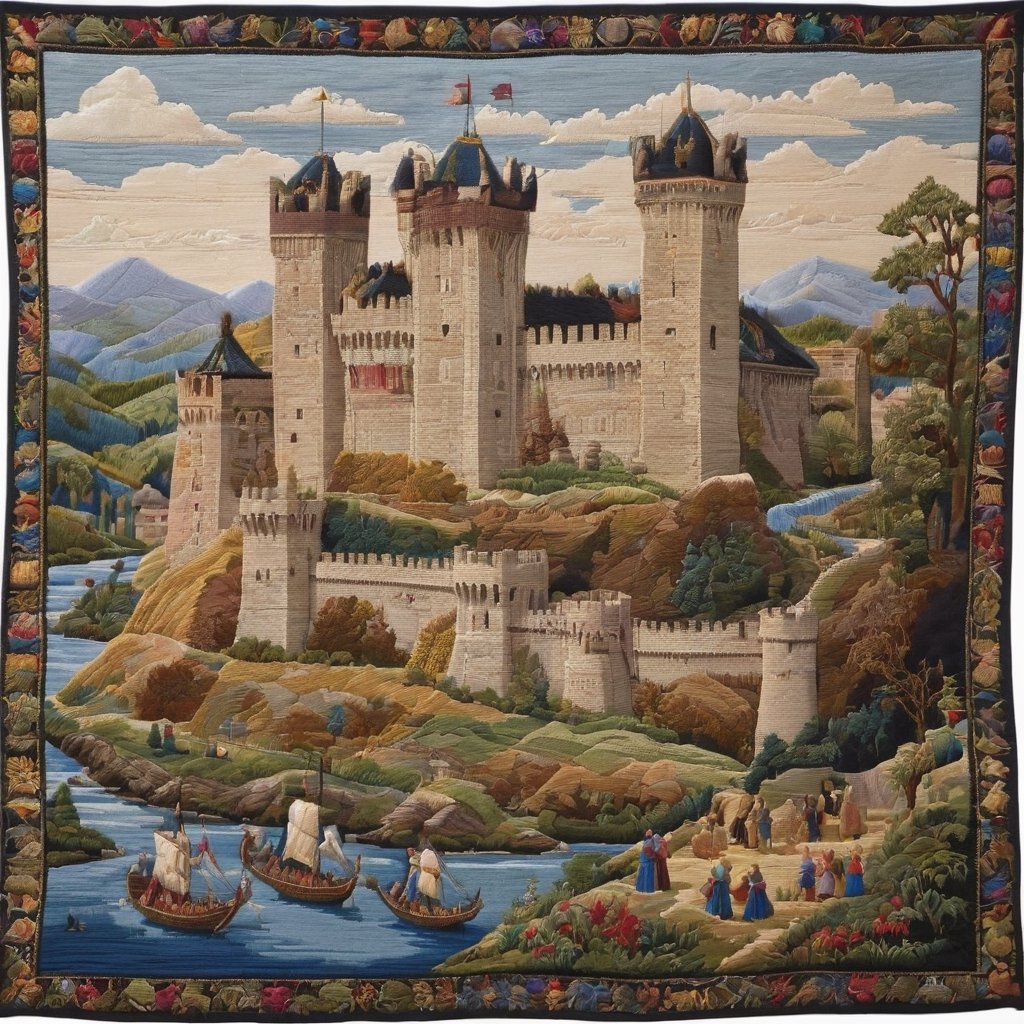 A medieval European fortress, intricately depicted through delicate embroidery, showcases the architectural grandeur of a sturdy castle. The fine details of the embroidery capture the intricate features of the fortress, bringing to life its imposing walls, towers, and defensive structures,itacstl