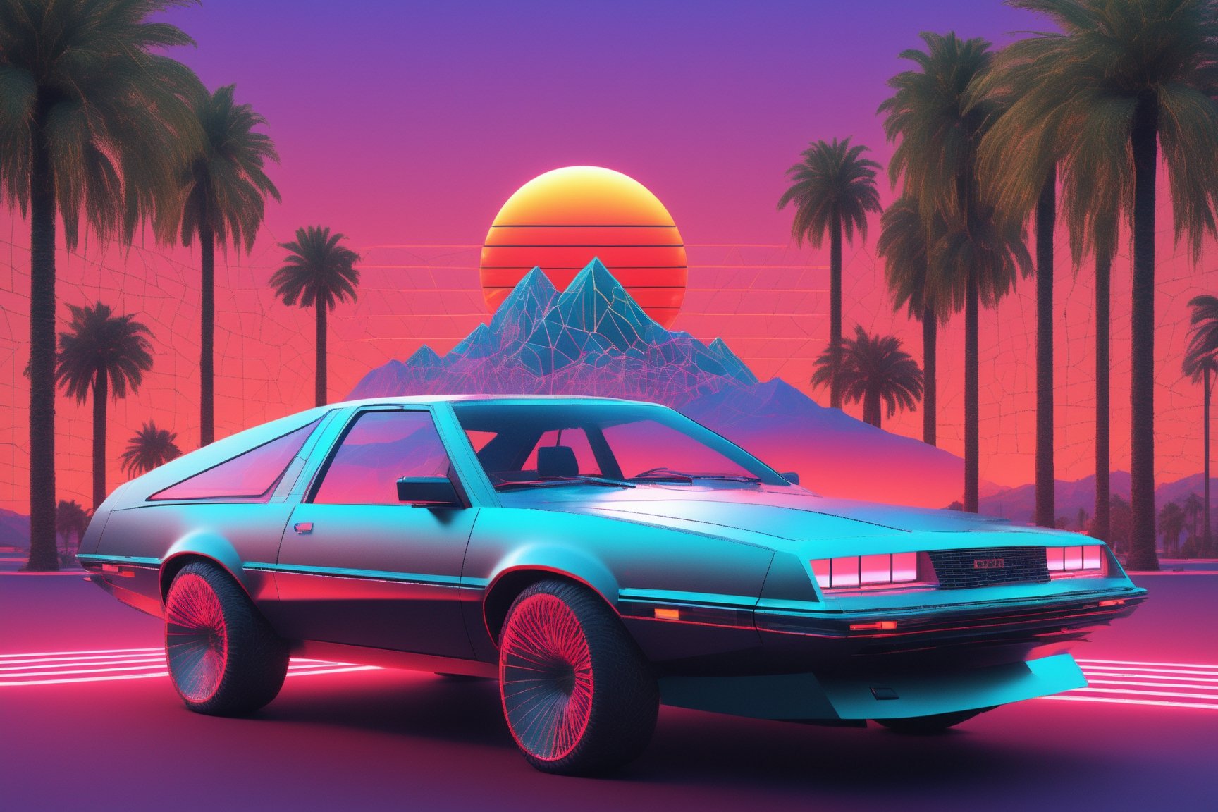 ultra Realistic 1980's wireframe Retro CG style,Logic hologram wireframe World,
(wireframe hologram Mountain),(hologram wire framered Rising sun),hologram Palm tree,hologram muscle car,
,3D Mesh,3D mesh digital Matrix,Clear Glass Skin,GLASS,Matrix code,Amidst the dynamic world of 3D design,retropunk style