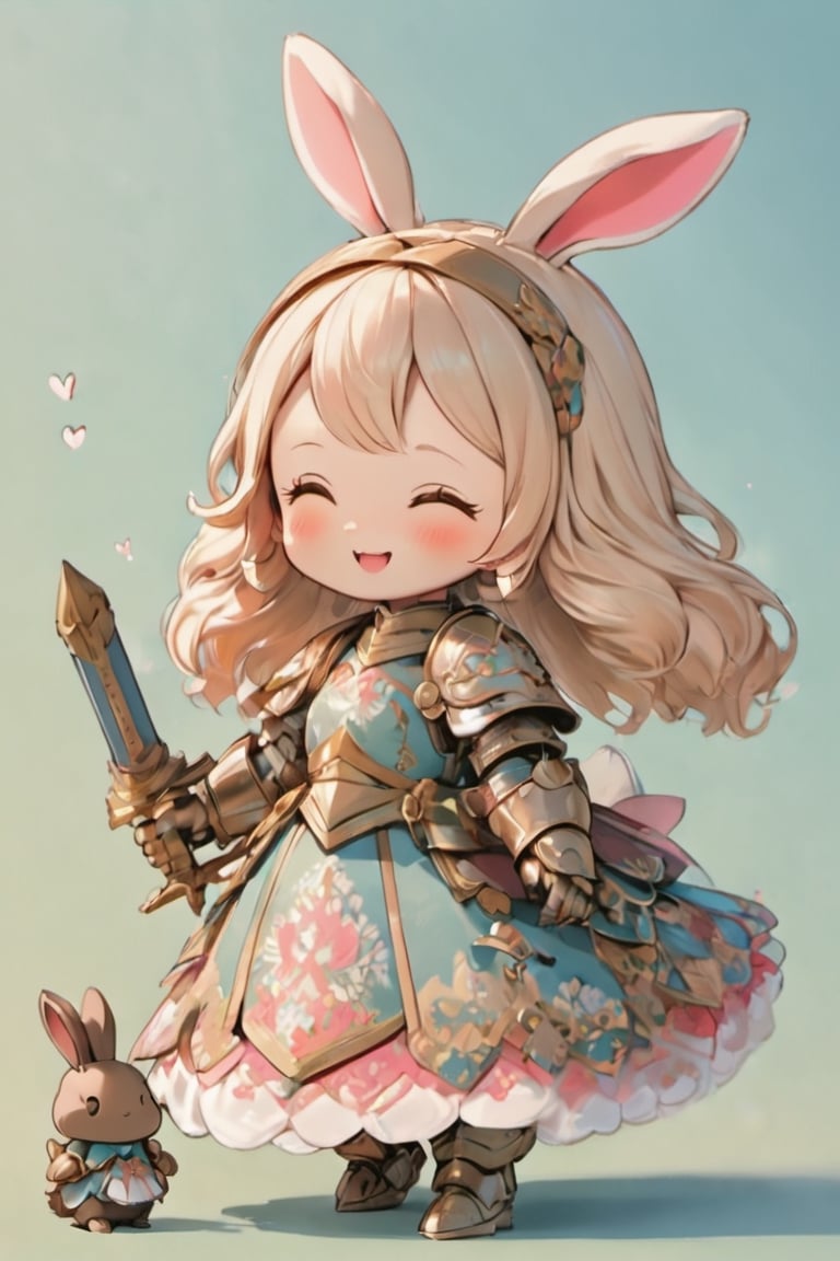 3D Figure,cute little brave  bunny,bunny ear,(rabbit nose:1.4),blush stickers,((Smile with peace of mind)), open mouth,:d,
close eyes,pink loli armored dress, weapon holding,Beautiful embroidered dress,kawaii knight,close up,3d figure,chibi