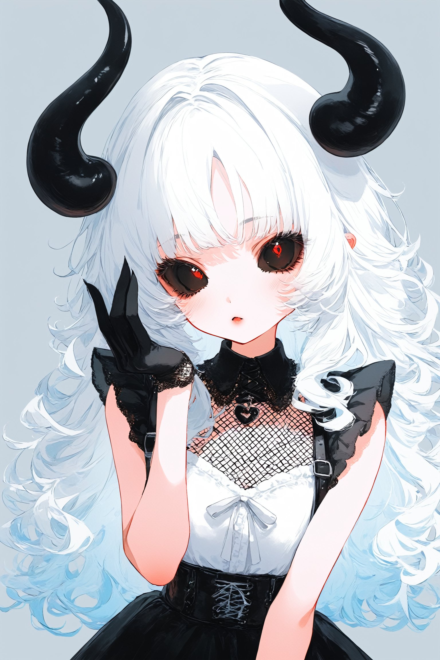 Shoujo manga style,1girl,ultra cute, Harajuku Style grunge fashion with kawaii and Lolita themes, albino demon girl,(pure white 
long hair),(black sclera;1.2),luxury mesh fishnet blouse,dal-1,ct-niji2,black hands