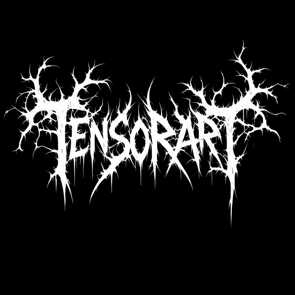 Extreme death metal logo design for the band name "TENSORART". Highly complex and illegible white text on pure black background. Sharp, jagged, and elongated letter forms resembling thorny branches or lightning bolts. Symmetrical composition with extensions above and below. Dripping, melting effect on some letters. Incorporates spikes, serrated edges, and barbs throughout. Gothic and occult aesthetic with a hint of biomechanical elements. Perfectly balanced negative space between letters. High contrast black and white design without any gray tones. Evokes a sense of darkness, aggression, and otherworldly menace.