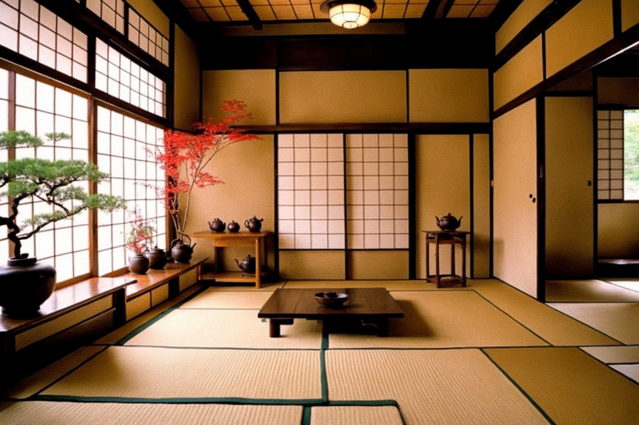 generate an image of a traditional Japanese tea room, known as a 'chashitsu' in Japanese,The chashitsu should be a small, wooden structure with tatami mat flooring. It should have a low entrance called 'nijiriguchi' and a tokonoma (alcove) where a scroll or seasonal flower arrangement is displayed,The atmosphere should evoke tranquility and mindfulness, creating a serene space for the Japanese tea ceremony,
