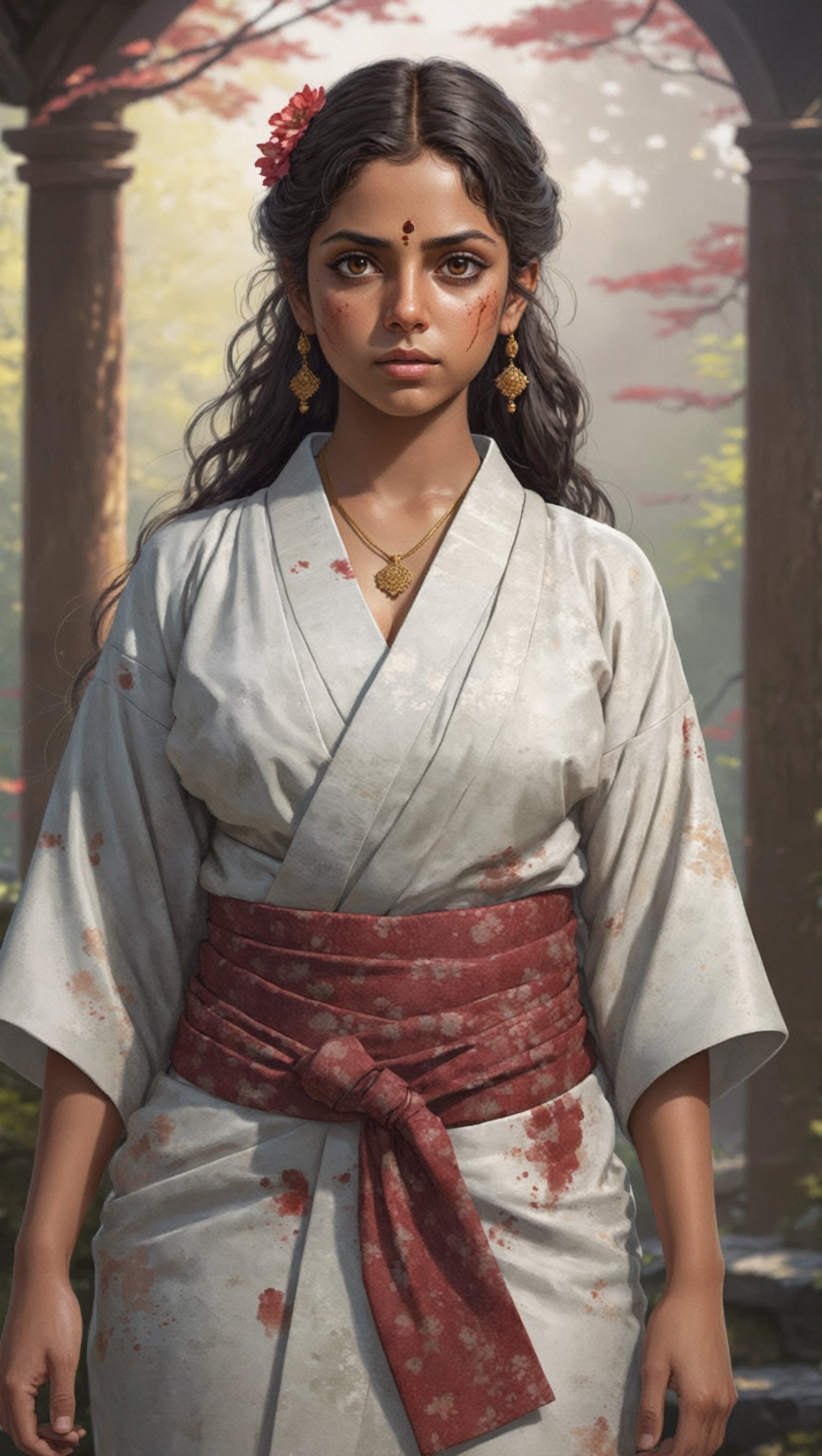 ultra Detailed,Realistic,
Worn and dirty soiled male kimono,dirty skin,bathed blood,
1 beautiful young Girl, handsome and strong Indian Girl,gigantic breast,(Cleavage),(curvy body),dark skin,Chakra,Indian Jewelry,nose piercing,
European style golden necklacs,
Japan Medieval age foreigne,hakama,Japanese style gaiter,fight pose,
,A Mexican  SAMURAI Girl who has fought on the battlefield for a long time and considers the honor of a samurai to be his first priority,