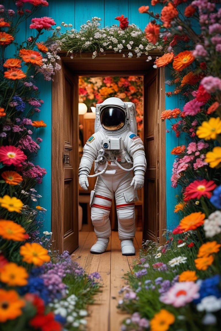 Imagine a beautiful flower field, with vibrant blooms stretching as far as the eye can see,Person on the other side of the door, Astronaut,
Nestled among the flowers is an unexpected sight a wooden door, clearly made of lightweight material like cardboard or balsa wood, standing upright amidst the blossoms. Despite its humble construction, the door is adorned with intricate carvings and painted with vivid colors, adding to its whimsical charm,astronaut_flowers