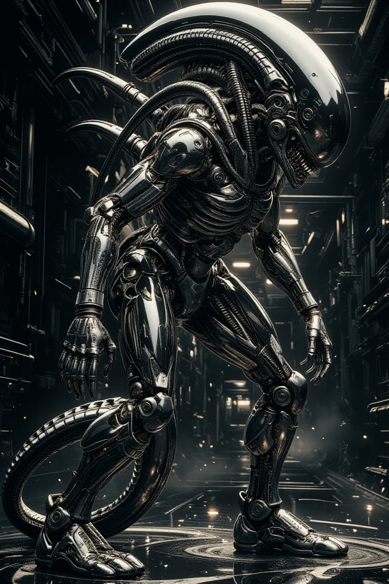 Hyperrealistic render of an Alien Xenomorph entirely composed of liquid mercury. Its sleek, biomechanical form constantly shifts and ripples, maintaining the iconic Xenomorph shape. Highly reflective surface mimics perfect mirror finish, reflecting distorted images of its surroundings. Elongated head, ribbed torso, and segmented limbs all gleam with metallic fluidity. Double jaw and deadly tail are distinguishable yet merged seamlessly with the liquid body. Environmental reflections create an otherworldly, chrome-like effect across its form. Droplets of mercury occasionally separate and reabsorb into the main body. Posed in a threatening stance against a dark, industrial background. Dramatic lighting emphasizes the creature's reflective properties. 8K resolution, ray tracing, photorealistic textures.