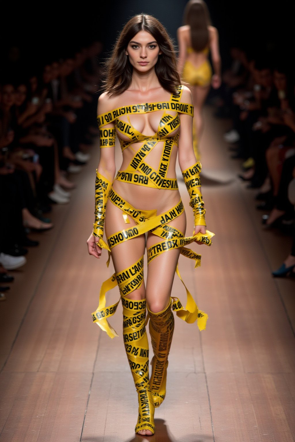 Luxury fashion show, full body aesthetic art,1girl,
body tape art,
Naked girl, walking down the runway, with yellow no trespassing tape wrapped around her body, "No Trespassing" text tape, the tape was spread only over the woman's body,sfw,
Movie Still,BlackTapeX