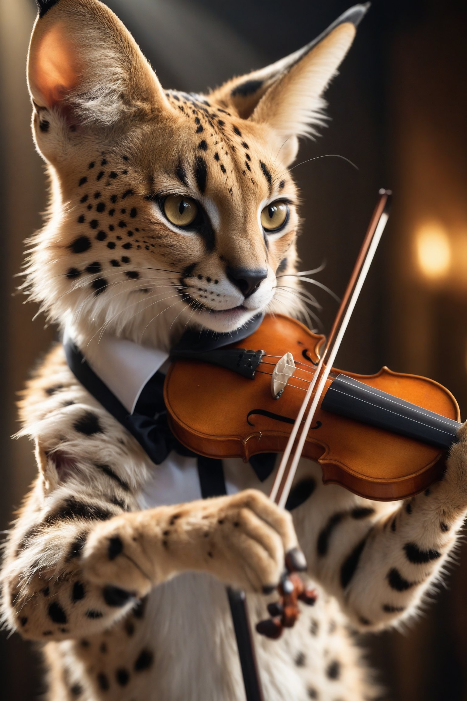 Serval cat virtuoso playing violin, focused expression, standing upright, paws on strings, bow in tail, concert hall background, dramatic lighting, photorealistic fur texture, 8K resolution
