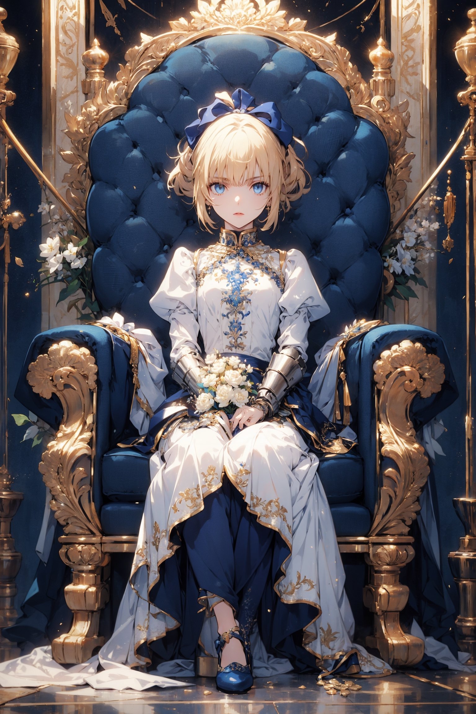 12year old beautiful actress girl,petite body, bangs,blonde hair,blue eyes, petite,tall eyes, beautiful girl with fine details, Beautiful and delicate eyes, detailed face, Beautiful eyes,luxury European Armor,Blue long skirt, blue shoes, white gloves with gold decoration,ultra detailed, official art, masterpiece,throne room background,phSaber, bouquet, joints, grey dress, mechanical arms