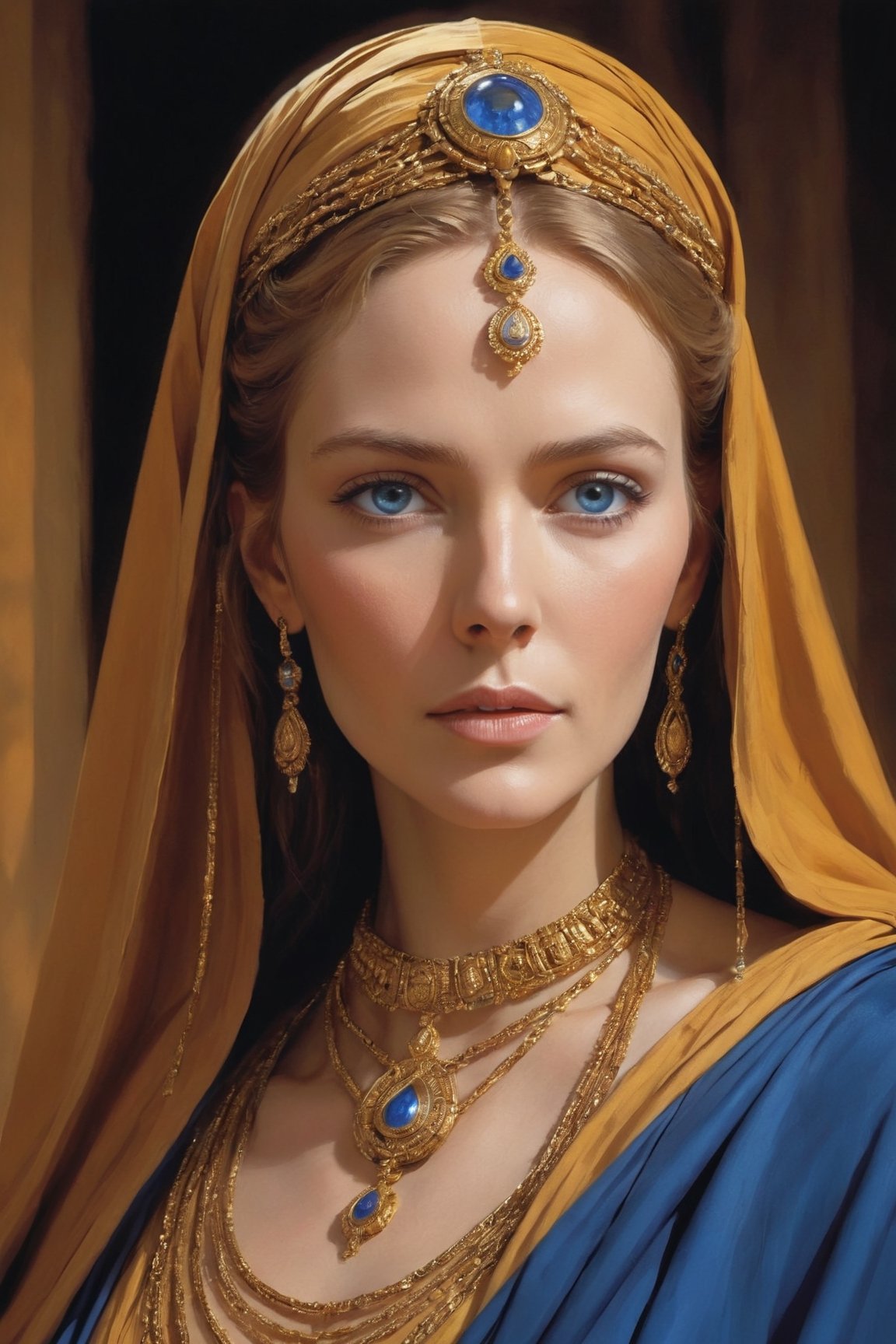 Lady Jessica, a prominent character in "Dune," is depicted as a commanding figure draped in a flowing robe, cascades from her head,Her attire symbol of her status and authority,((Gold chains wrapped around the face)),billows around her as she moves, creating an aura of grace and elegance.Her piercing blue eyes, a striking contrast against her dark robes, captivate those who meet her gaze. Behind their beauty lies a depth of wisdom and determination, reflecting her inner strength and resolve.,gold chains