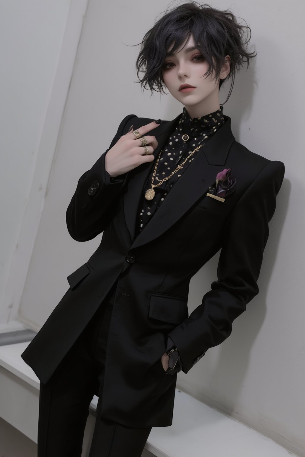 Solo,anime,nasty man, aesthetic French gentleman, emo aristocratic style, short hair,eye shadow,emo Gothic makeup, chic black business suit with polka dot tie, 
black manicure finger,(luxury golden lapel pin chain), Flower handkerchief in chest pocket, Slender man with long legs and tall stature,Handsome boy,lyh,dal,gothic-chic_style