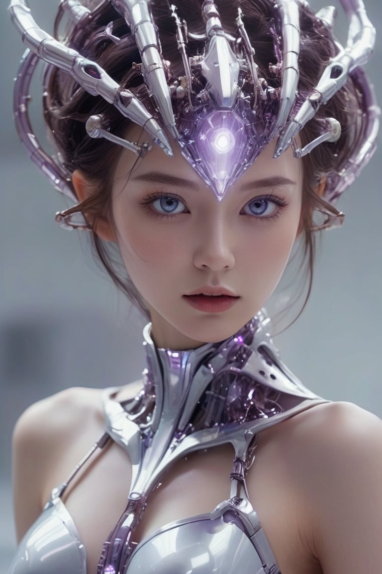 A cyborg girl, with amethyst eyes, a fusion of technology and nature, sleek metallic frame and organic components, enchanting and mysterious at the same time. Reminiscent of a precious gemstone, its eyes radiated an otherworldly radiance that hinted at the complexity of its inner workings..,Amethyst ,Crystal game props,cyborg