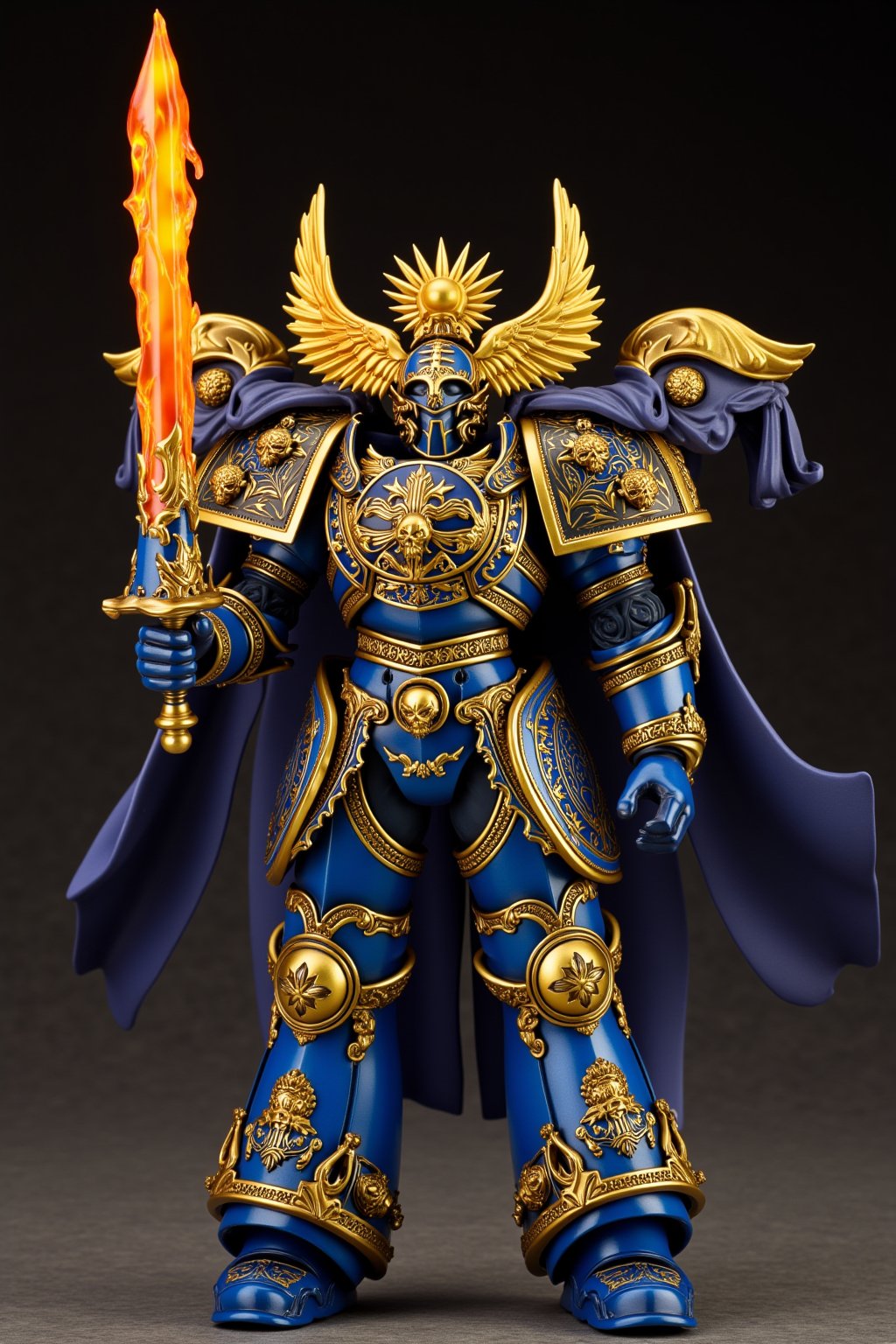 "A highly detailed figurine, of a Warhammer 40K, Space Marine, in full ornate power armor. The figure is imposing, standing tall in a blue and gold suit of armor adorned with intricate designs, including winged skulls and Roman numerals. The Space Marine grips a massive flaming sword with one hand, the blade ablaze with bright orange flames. His armor is embellished with purity seals, chains, and a sunburst crest on the back. The shoulder pads feature golden eagles and a banner displaying the name 'Gulliman.' The overall stance is powerful and heroic, capturing the figure's strength and nobility.",An anime pvc figure of <...>