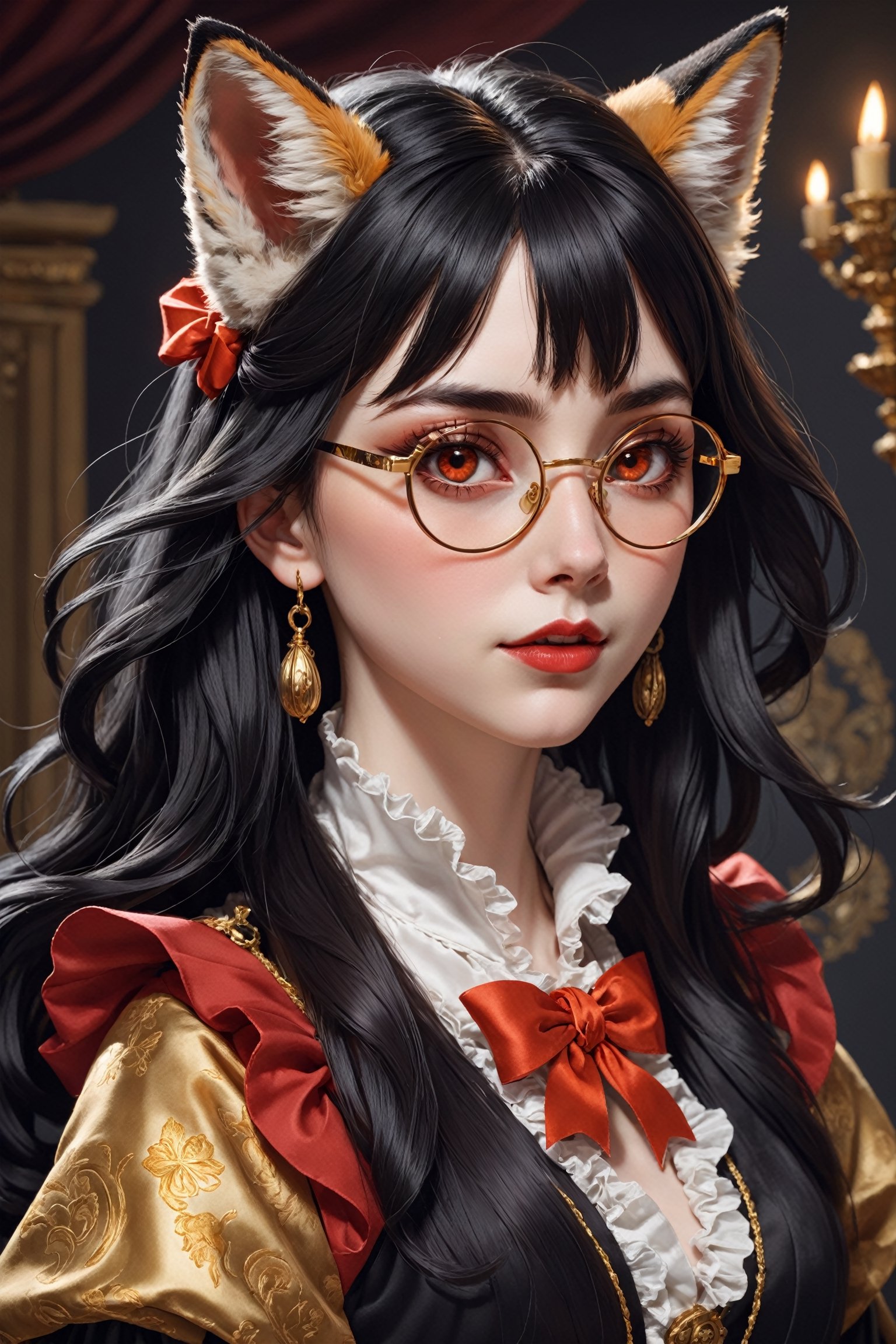 1girl, morbidly pale skin, fox-eared, long black sauvage hair, and a cold orange eyes,luxury gold glasses with glass cord,red lipstick, A frilly ribbon is wrapped around her narrow neck. The girl is wearing a velvet and brocade heraldic surcoat worn by male aristocrats.,Tekeli,black hair,portrait,monocle