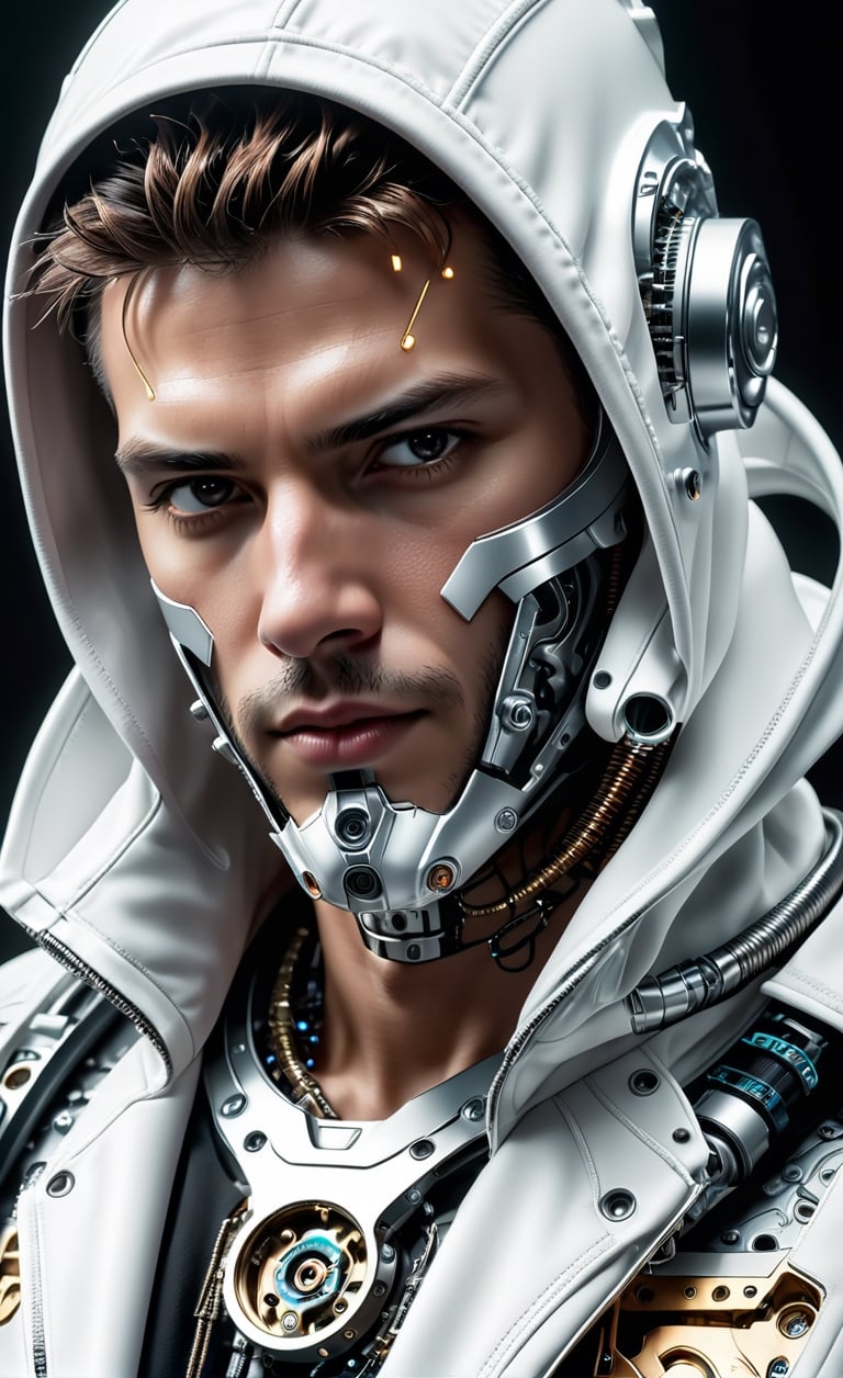 (RAW photo, best quality), (realistic, photo-Realistic),the body of a man being simulated in white high-tech hood, in the style of cyberpunk imagery, mechanical designs, algorithmic artistry, 32k uhd, chrome-plated, enigmatic characters,DonMCyb3rN3cr0XL ,TechStreetwear