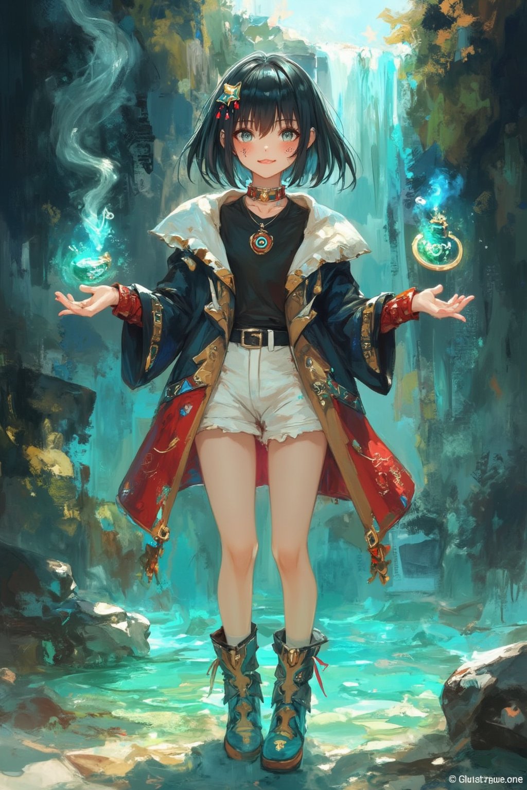 1girl,Anime-style illustration of a cheerful young alchemist girl, short black hair with ahoge, blue eyes and a bright smile. Tribal face paint: delicate white swirls around eyes and cheeks. Outfit: white shorts, black and gold jacket, red arm wraps, magical items floating around: glowing potion bottles, small creatures, Accessories: star-shaped hair clip, unique high-heeled boots (blue, gold, red), Pose: facing the viewer, Color palette: black, white, gold, red, blue accents. Style: clean lines, vibrant colors, details. Background: beautiful waterfall pool. lush greenery, sparkling water, misty air. Lighting: soft, magical light emanates from both the character and the waterfall. Mood: fun, mysterious, adventurous. Key details: smoke coming from the potion, floating stars, intricate design on the clothing. Overall: a charming blend of magic, science and nature in an energetic character design. ,dal,Fantasy Girl,dal,fantasy girl,Flat Anime Niji Style