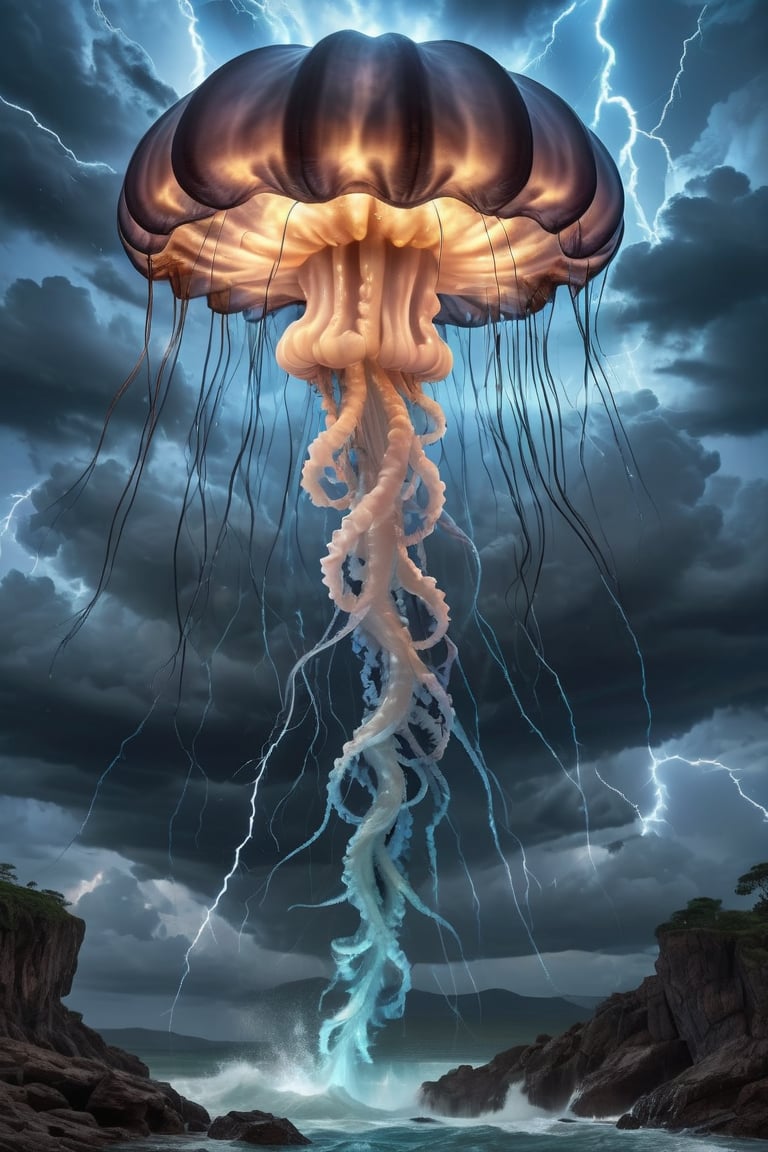 Colossal jellyfish formed from dark storm elements, body composed of roiling black thunderclouds, tentacles made of jagged lightning bolts. Rain streaming from cloudy umbrella, creating watery curtain. Illuminated by intense electric blue glow from within. Dominating turbulent sky, dwarfing landscape below. Ominous rumbling thunder, flashes of lightning. Hyper-realistic storm details blended with surreal creature concept. Dramatic contrast, ethereal atmosphere. Epic scale, low-angle view