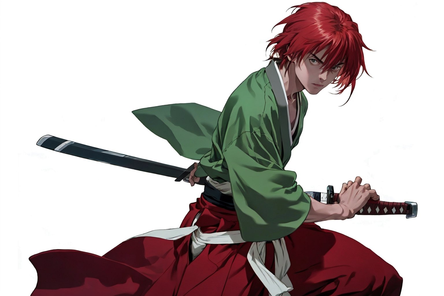 masterpiece, best quality, highres, 1boy, battoujutsu, photorealistic,red Hair,short hair,Japanese Clothes,Kenshin