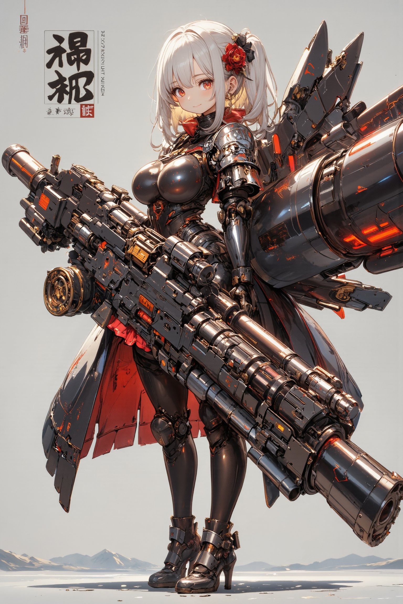 1girl, anime-style illustration of a brave young woman wielding a gigantic Gatling gun, Character: two-tone hair (white and gold pigtails), red flower accessory, Outfit: black and red dress with gothic details, thigh-high boots, Expression: confident smile,
Gatling gun: oversized futuristic design. Gatling gun with black metal body with red accents and glowing parts, multiple rotating barrels, gun bigger than the character herself, intricate patterns on clothing and weapon, slight metallic sheen on gun parts. Overall impression: a strong and stylish fusion of traditional Asian aesthetics and futuristic weaponry. ,Anime style,Fantasy girl,\Mechaco\,Plasma gun,