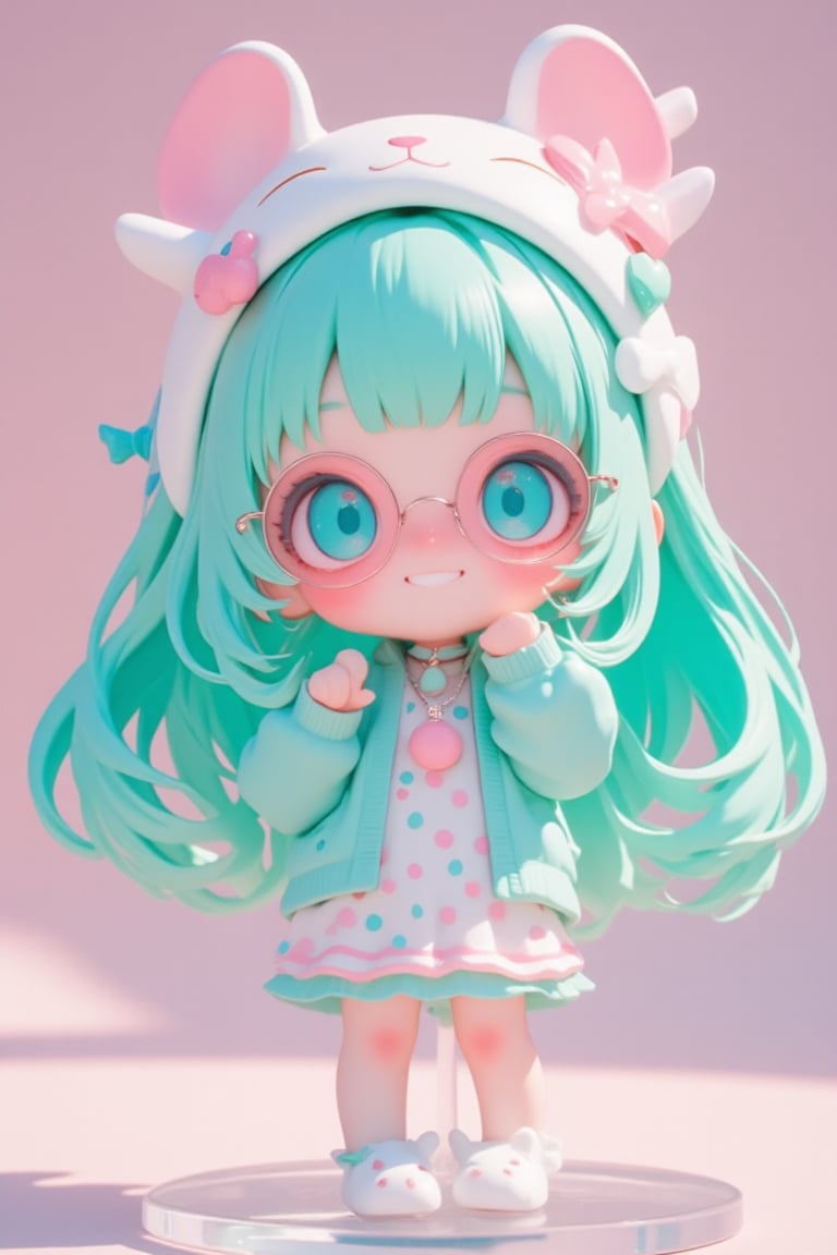 Cute anime-style chibi figurine of a girl with long, flowing turquoise hair. Large expressive blue eyes behind pink round glasses. Wearing a white polka-dot dress with pink and blue dots, pink trim, and a teal underskirt. Teal cardigan sweater. White and pink animal-shaped sleep mask on her head with closed eyes, small bone decoration, and blue bow. Pink bow in her hair. Pink cherry-shaped pendant necklace. White bunny-shaped slippers. Posing with one hand raised near her face. Cheerful expression. Highly detailed plastic figurine on a clear stand. Soft, pastel color palette. Professional product photography lighting and setup.,lyh,dal