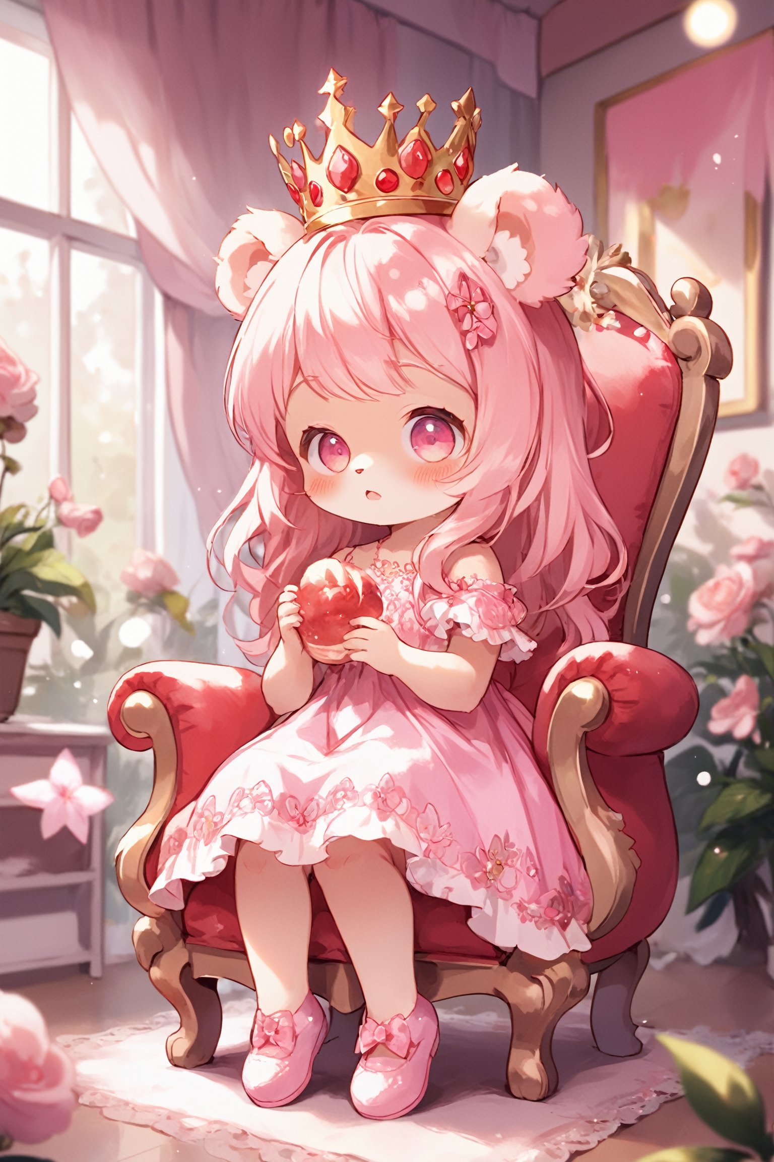 Prompt: Magical POP illustration,cute little Teddy bear,pink loli  dress,Beautiful embroidered dress,furry girl,Deformed,
sitting on the throne,
crown_nikke