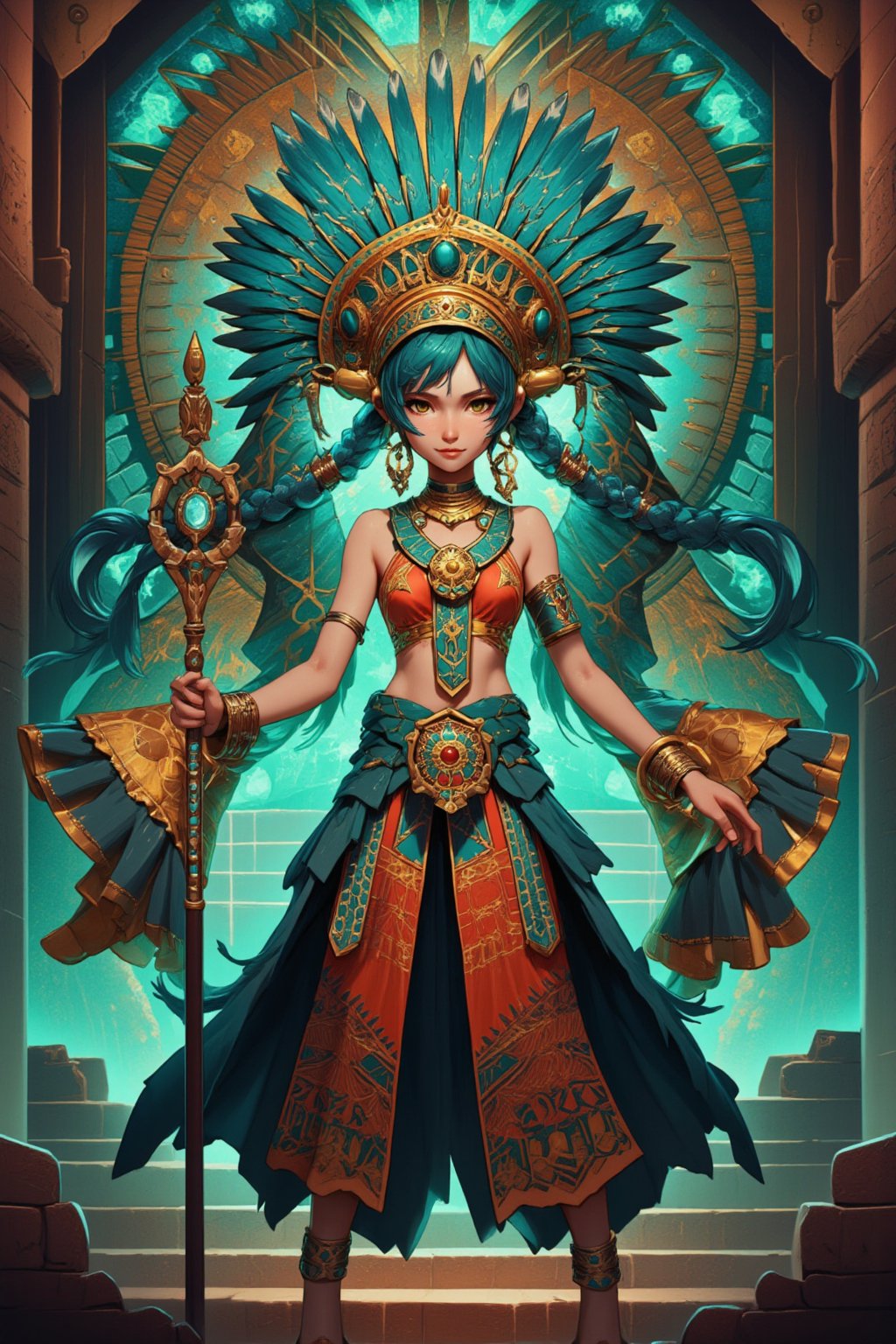 1girl,Hatsune Miku,anime style, reimagined in ancient Aztec style. She wears an elaborate headdress adorned with long teal feathers and gold ornaments, resembling a quetzal bird. Her outfit is a mix of traditional Aztec clothing and her signature style: a teal and gold huipil tunic with intricate geometric patterns, layered over a long skirt with Aztec calendar motifs. Gold arm cuffs and anklets with turquoise inlays. Her iconic twin tails are braided with colorful threads and gold beads. She holds a ceremonial staff topped with a digital interface symbol. Miku's face paint mimics Aztec designs in teal and gold. The background features a step pyramid with glowing teal circuit patterns. Surrounding her are stylized Aztec representations of music notes and digital waveforms. The overall color palette is rich with teals, golds, reds, and earth tones. The art style blends traditional Aztec art with modern anime aesthetics.,1girl,Anime Style,niji,lyh,dal,Made of adrr-zllj