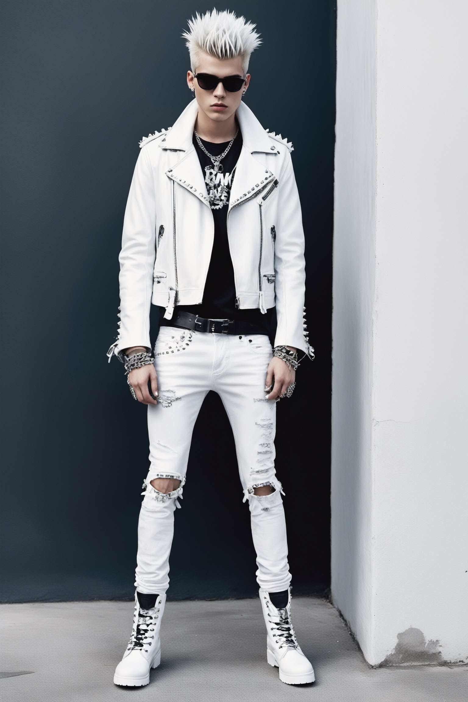 1 Young man,
Pure white punk rock fashion; The rebellious spirit of punk meets the pristine allure of pure white,A studded Pure white  leather jacket, meticulously adorned with silver spikes, creates a bold centerpiece,Pure white shirt,
 A distressed, white graphic tee featuring iconic punk symbols adds an edgy touch,

Pure white Skinny jeans, ripped at the knees, complete the ensemble, while white combat boots add a hint of aggression to the look. Accessories include white leather gloves with silver studs and chunky, silver chains, Hair, styled in a disheveled manner, reflects the untamed essence of punk rock rebellion. This juxtaposition of the punk aesthetic with an all-white palette creates a visually striking and uniquely rebellious punk rock fashion statement.