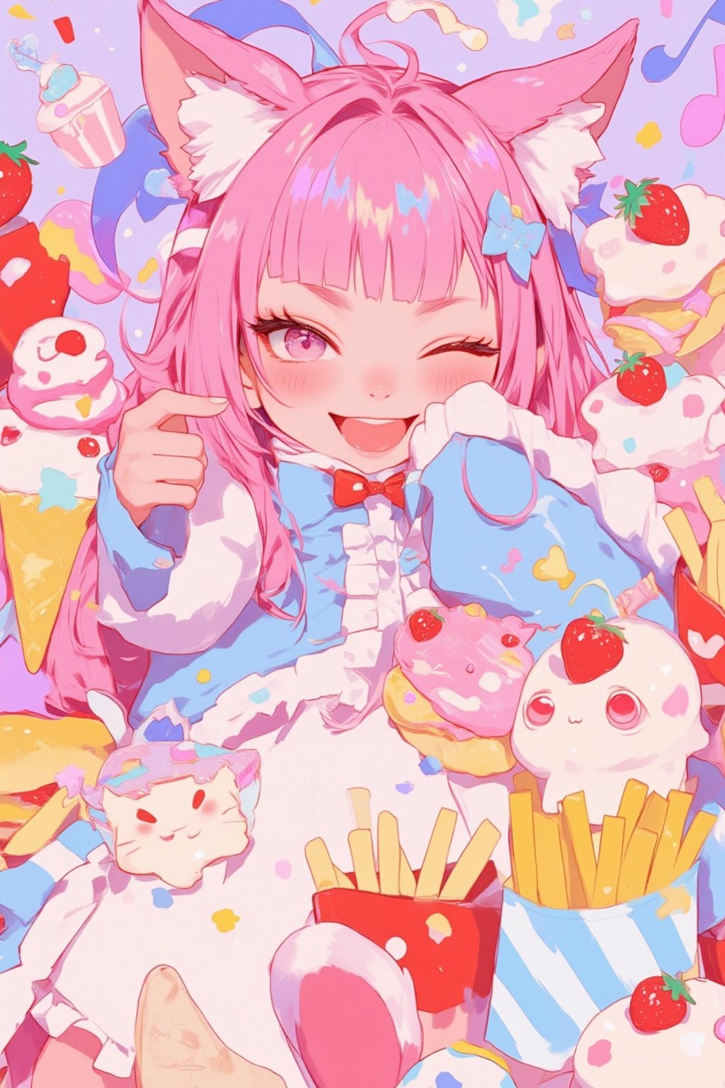 Vibrant colorful anime-style illustration,  cheerful cat girl, long pink hair and cat ears,She's winking and sticking out her tongue playfully. Wearing a light blue and white outfit with red bow tie,strawberry cake, ice cream cones, and musical notes. Background filled with pastel pink and purple colors. Kawaii style, highly detailed, digital art. Food items floating around: popcorn, fries, hamburger. Playful and energetic atmosphere. Chibi style elements. Sharp, crisp lines. Bright, saturated colors. 2D art style.,dal style,animaport,lyh