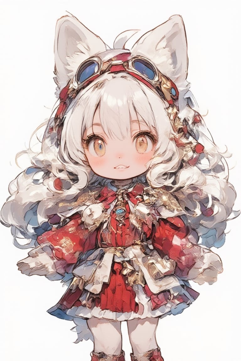 Cute anime-style kemono character, young girl with animal features. White fluffy fox ears and tail. Long silver-white hair. Large golden eyes with a curious expression. Wearing a red and pink outfit with frilly details. Red headband with goggles. Furry paws instead of hands. Chibi proportions with a large head and small body. Soft, pastel color palette. Slight blush on cheeks.looking slightly to the side, Kawaii style, highly detailed, digital art,Made in abyss manga