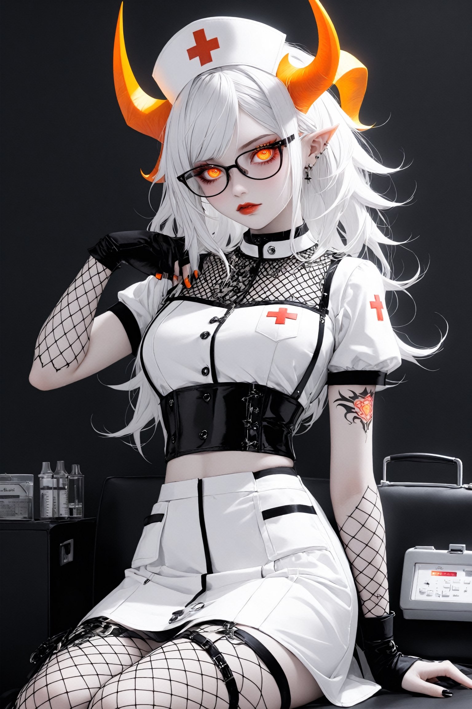 1 girl, albino demon girl, with lethargic sleepy smokey eyes,white eyelashes,((orange slit pupil eyes)),nurse cap,mesh fishnet blouse,pure White long dress, (long intricate horns:1.2) ,(midriff-baring outfit),
Goth tattoos,gothic-emo theme, she is characterized by her unique fashion sense,((Her uniform is white)), black-rimmed glasses, with deep purple and crimson accents,((syringe in her hand:1.2 )), a lace-up corset at her side,Nurse suit,goth person,(womb tattoo),ACPt