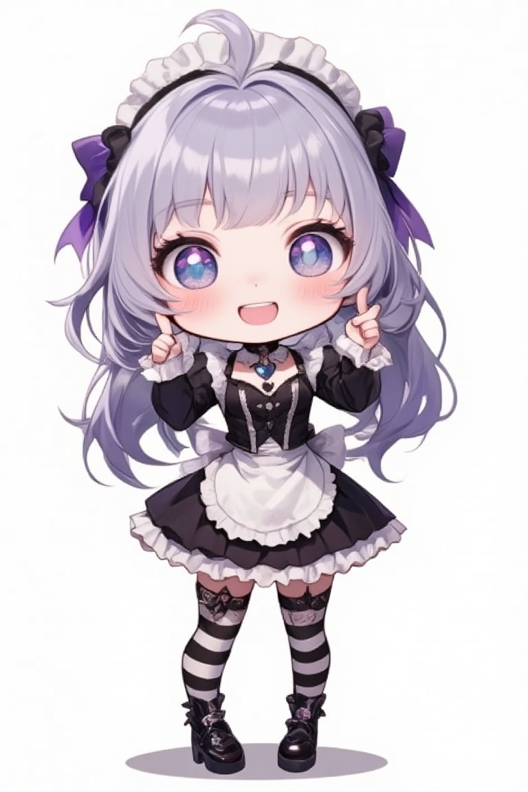 Chibi-style anime girl character. Large head, small body proportions. Long silver-purple hair with bangs, black ribbons. One eye open, one closed, exaggerated blush. Gothic Lolita maid outfit: black and white dress with frills, purple bow. Black choker with heart pendant. Thigh-high striped socks, chunky black shoes with heart buckles. Cute, playful expression with open mouth. Cartoon style with bold outlines, flat colors, and simple shading. White background. Kawaii aesthetic with gothic elements.