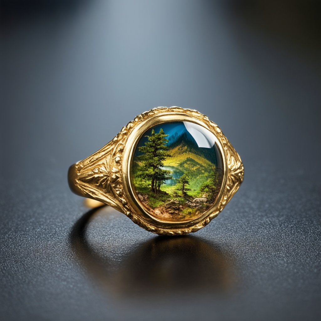 magic Ring,beautiful golden ring,Beautifully carved ring arm,
A stunning ring adorned with an exquisite gem,within the mesmerizing depths of the gem, a fantastical forest range unfolds, casting an ethereal allure, intricate details of the ring and the miniature landscape within the gem create a captivating piece that seamlessly blends elegance and imagination.