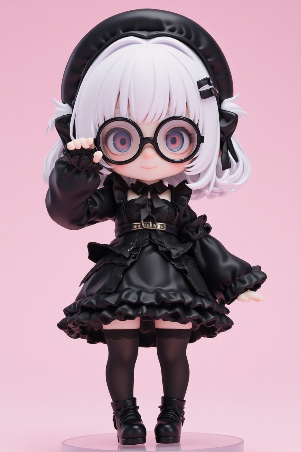 (Cute anime-style chibi figurine),3d figure,Nendoroid,
Create a highly detailed figure, a cute girl,cute smile,
she wears large glasses that protrude from her face,
Her outfit is Gothic Lolita style, featuring a black lace-trimmed dress with black ribbons and frills. She wears thigh-high stockings, black lace gloves, and platform shoes with ribbons,hair is styled in loose curls and adorned with a Gothic headdress,lyh,dal,create figure 2,