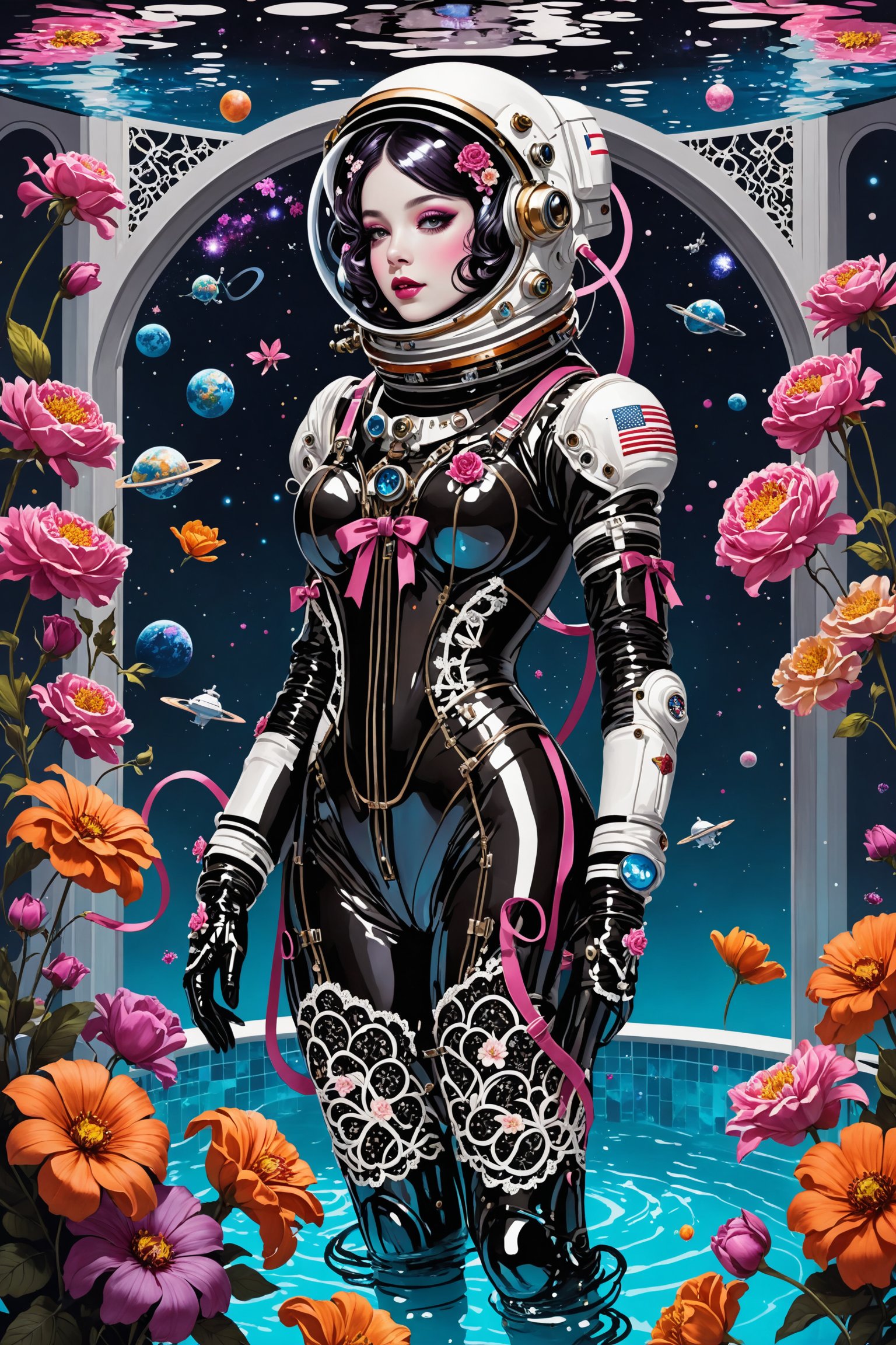  gothic lolita-inspired space suit, crafted from sleek, dark materials adorned with intricate lace and ribbon details, floating gracefully in a pool overflowing with vibrant flowers. With its Victorian silhouette and futuristic accents, the suit creates a striking juxtaposition of elegance and surrealism, blending elements of the past and the future into a captivating tableau of whimsy and wonder.,astronaut_flowers