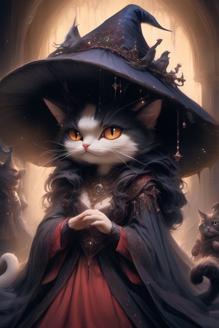 Cat In the mystical realme,
In the realm of feline aristocracy, behold the magnificent Cait Sith, bedecked in regal finery and crowned with a witch's hat. With fur as dark as midnight and eyes that gleam with noble bearing, she exudes an air of majesty and grace.Draped in luxurious garments adorned with intricate patterns and jewels, she commands attention with every step, her presence evoking awe and reverence. Her witch's hat, embellished with mystical symbols, serves as a symbol of her authority and arcane prowess.
,anthro,a1sw-InkyCapWitch,Decora_SWstyle