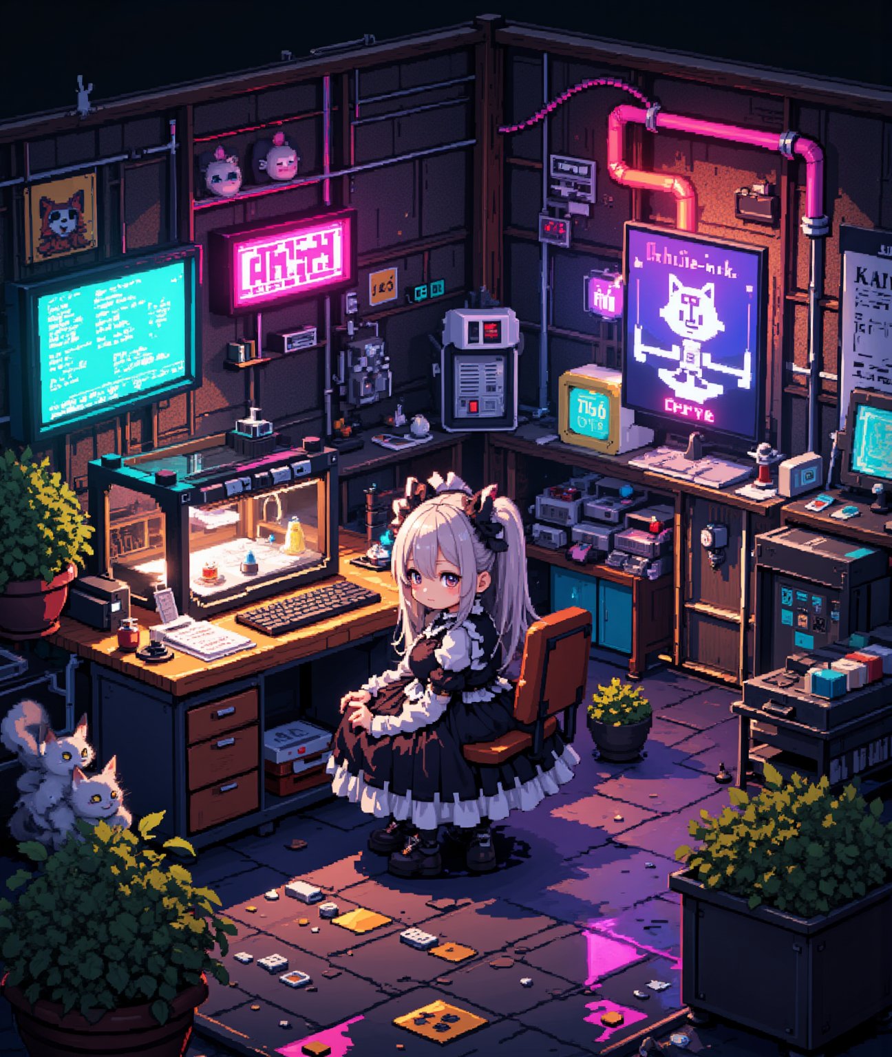 3D pixel art scene, isometric view. Anime-style characters and objects composed of colorful voxels. High contrast lighting with neon accents.

Focal point: Gothic Lolita girl working in a cyberpunk workshop.
- Girl: Black and white frilly dress, platform boots, twin-tails hairstyle
- Face: Large pixel eyes, rosy cheeks, small mouth
- Accessories: Pixel bow, chunky jewelry

Cyberpunk workshop details:
- Cluttered workbench with pixelated tools and gadgets
- Holographic screens displaying scrolling code
- 3D printer creating a glowing object
- Exposed neon tubes and cables on walls
- Floating robot assistant with pixelated emotes

Environmental elements:
- Steampunk-inspired gears and pipes in background
- Retro-futuristic computer terminals
- Voxel smoke or steam rising from machinery

Color palette: Deep purples, electric blues, neon pinks, and cyber greens against darker background

Lighting: Dramatic shadows and highlights emphasizing 3D nature of pixels
- Glow effects from screens and neon signs
- Reflection on metallic surfaces

Additional details:
- Pixelated posters of anime characters on walls
- Voxel cat familiar perched on a shelf
- Cubic plants in geometric planters

Animation suggestion (if applicable): Subtle pixel movements like blinking lights, rotating gears, or floating particles,Pixel Art,1girl