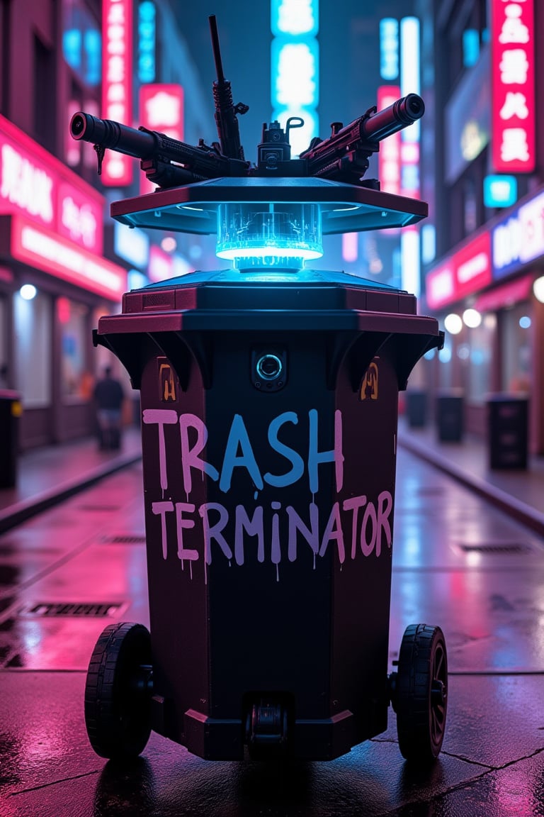 Neon-lit streets, cyberpunk style, and weaponized trash cans. The shiny matte black hexagonal body has a blue glowing power line, the top half transforms into a rotating turret,

Multiple gun barrels, from miniguns to plasma cannons, emerge from the lid, and a holographic targeting system hovers above.
Wheels with omnidirectional hover technology, small antenna array,
Graffiti-style "TRASH TERMINATOR" letters on the side,
Highly detailed techno-noir style. Grainy textures highlight menacing silhouettes against dramatic lighting, neon-soaked backgrounds. , cyberpunk, trashv1,cyberpunk,trashv1