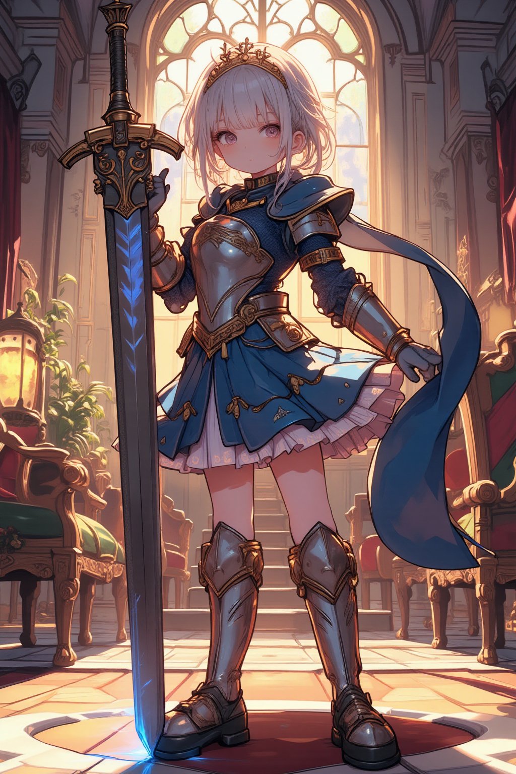 Anime-style illustration, one girl, a cute princess knight with a determined expression. She wields a huge, broad sword that is almost twice her height. The knight wears a delicate tiara adorning her long, flowing hair. Her armor is a mix of ornate plate mail and a frilly dress, balancing strength and femininity,
The princess knight stands in a heroic pose, her cape billowing dramatically. The background suggests a grand throne room with stained glass windows.
The lighting creates a soft glow around the character, emphasizing her determination and kindness. The sword glows with an otherworldly light,
Art style combines the vibrancy of modern anime with the elegance of classic fairy tale illustrations. Highly detailed 8K resolution with focus on the intricate armor design, expressive faces, and the seamless blend of the double exposure effect.,dal,Crystal Sword,Midjourney_Whisper,hanholo33,polishswordsman