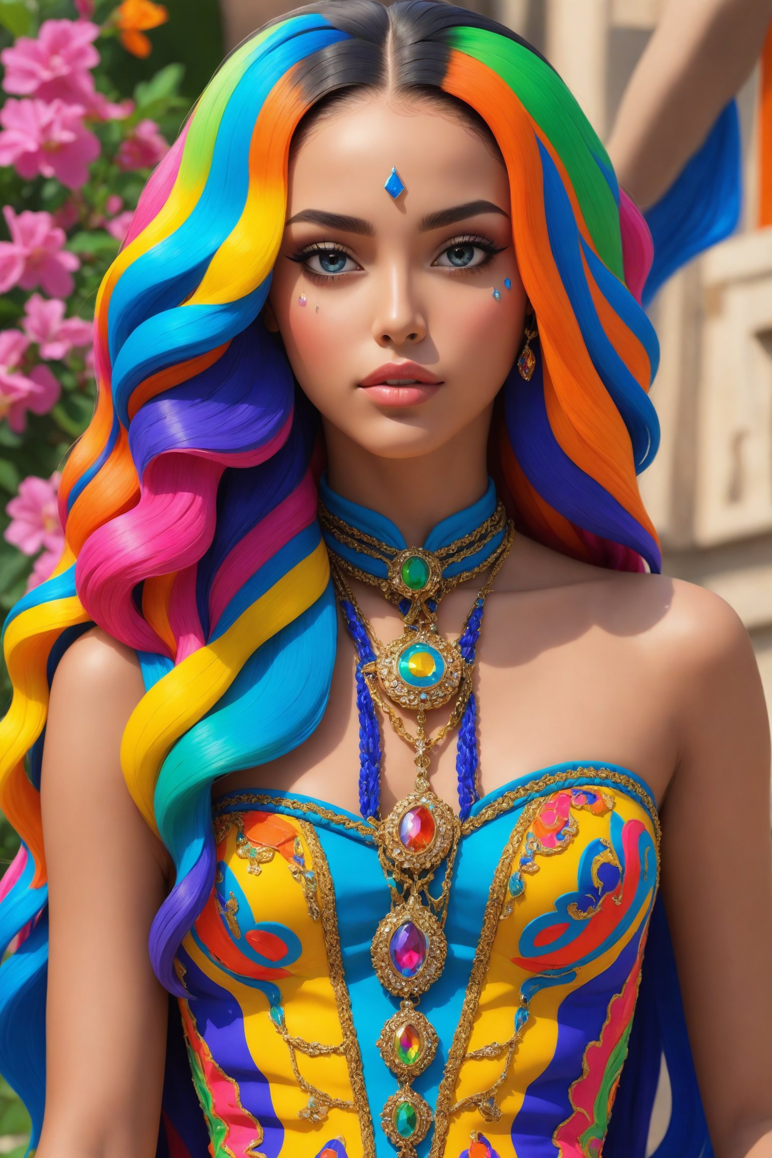 maximalism fashion style,1Girl,Beautiful Brazilian woman,EXTRA colorful hair,
 long incredibly intricately braided hair, colorful and overdecorated dress