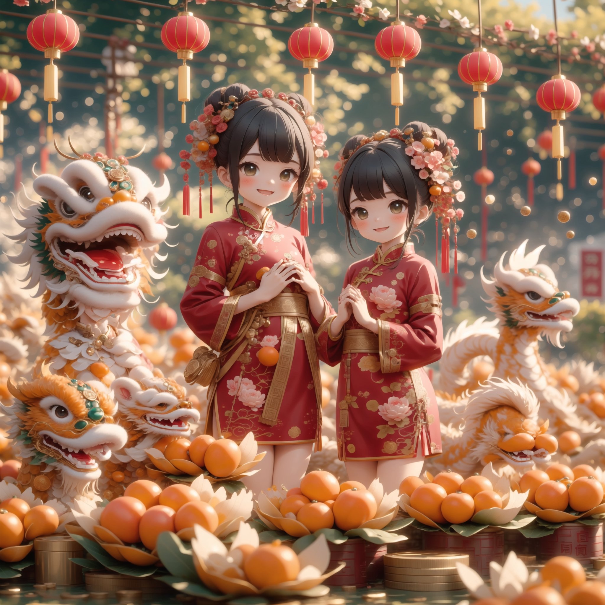 chinese stanning cute Little girl,happy face,bow with one's hands locked together in front of one's chest,
kumquat trees,
background with lotus, Chinese dragon,Chinese distich,
new year , coins 