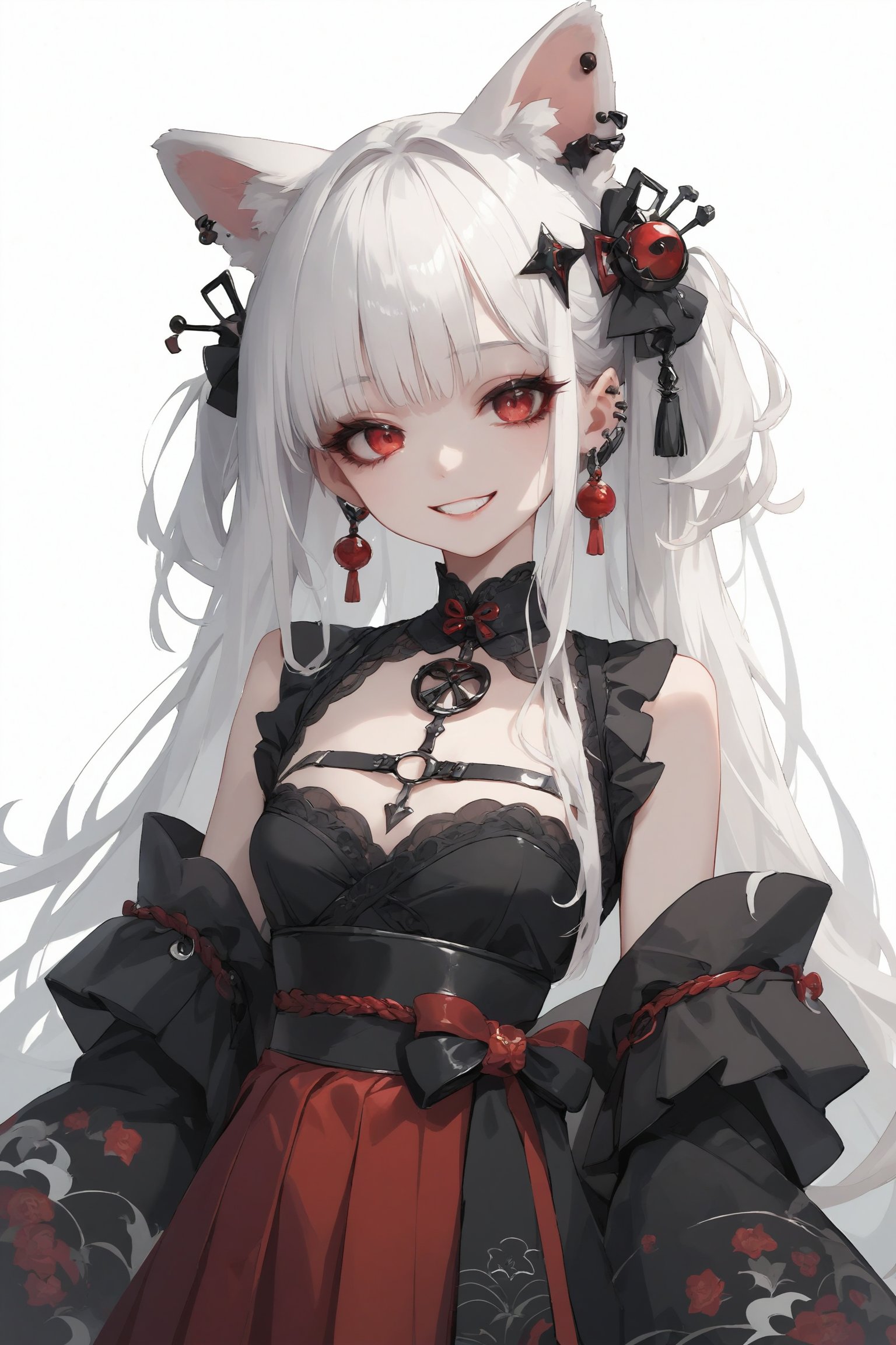 (score_9,score_8_up,score_7_up,)1Girl,animal ears,red eyes,long pure White hair,red skirt,goth style luxury layered kimono,hair ornament,upper body,v,smile,goth girl,sagawa,garter straps